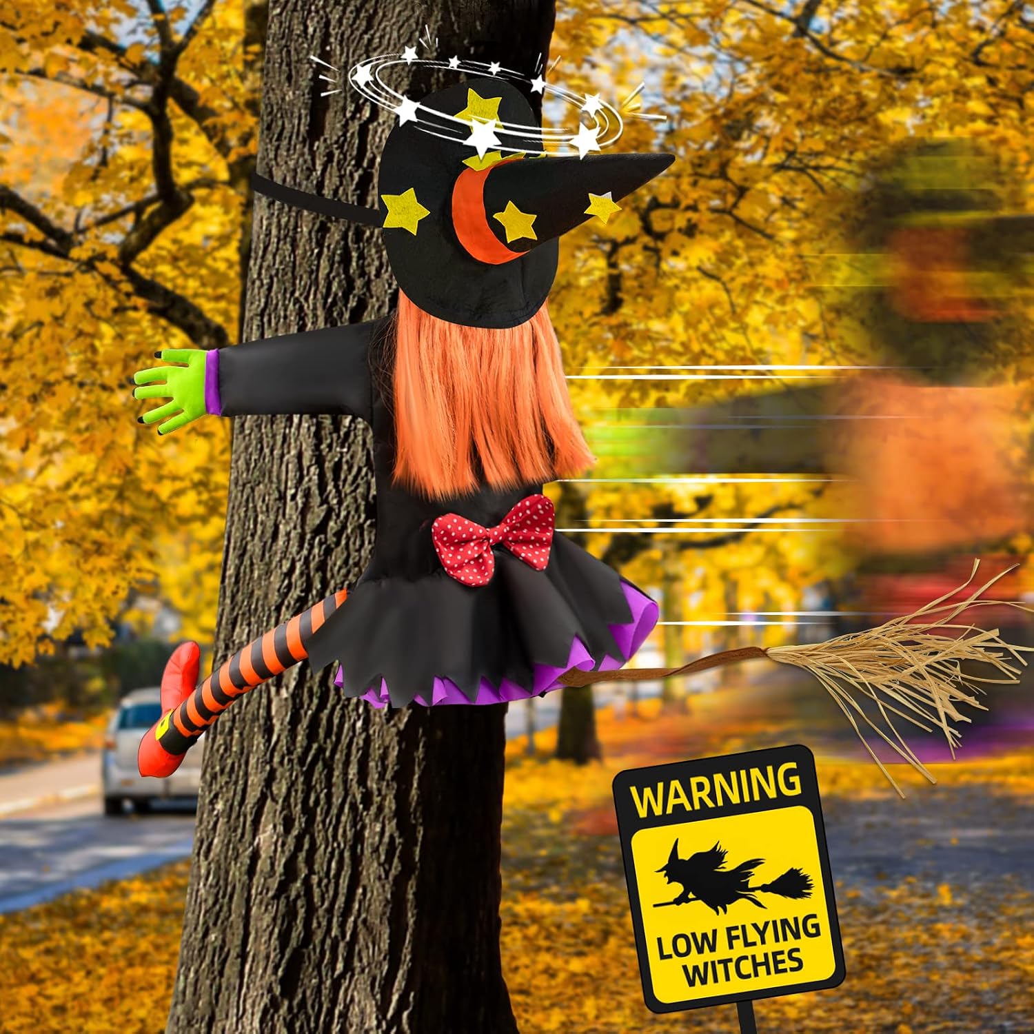 Detalle de Bswalf 44-Inch Crashing Witch Halloween Hanging Yard Decoration