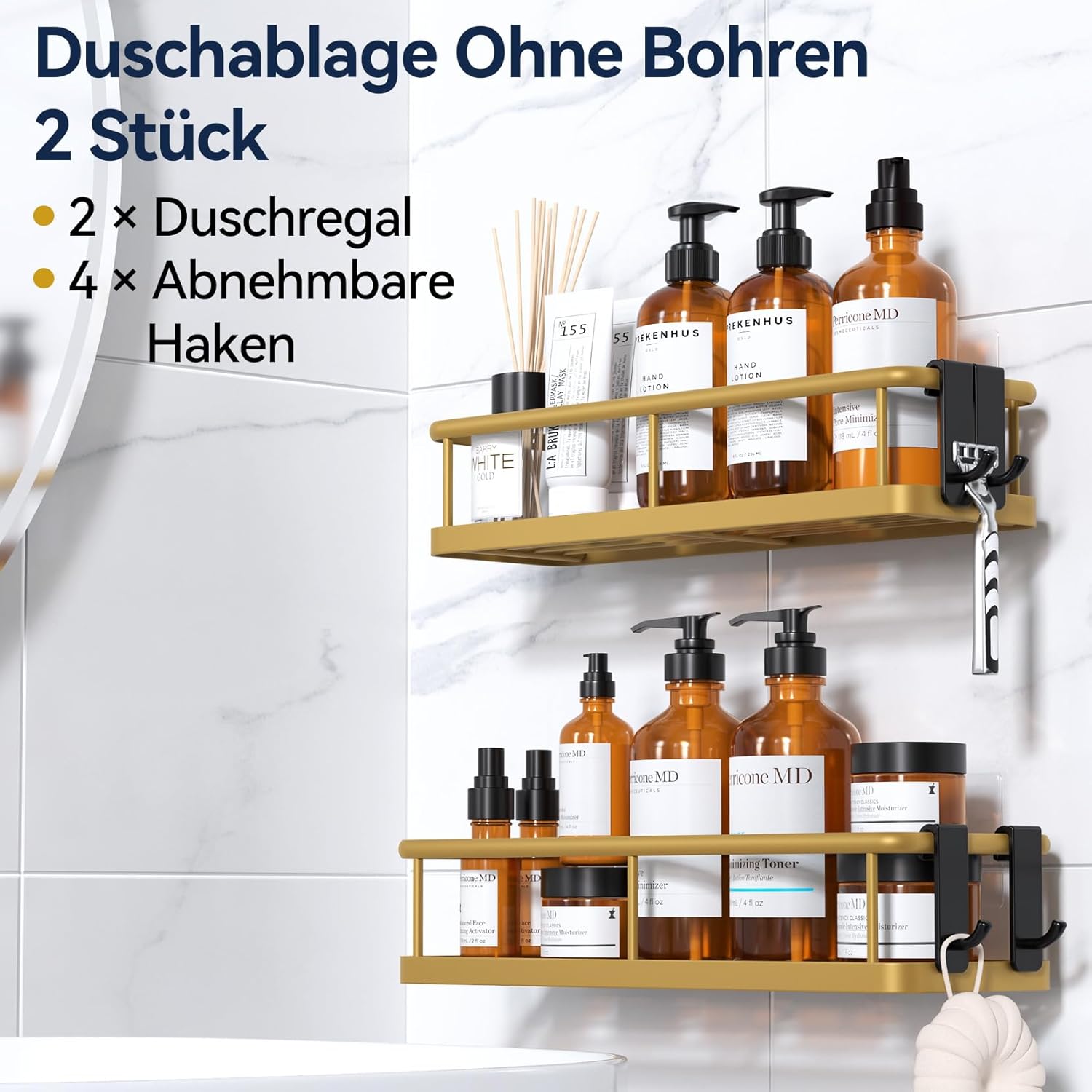 Detalle de YASONIC Duschablage Ohne Bohren – 2 Stück Rostfreies Duschregal mit 2 Haken, Große Kapazität, Large Gold