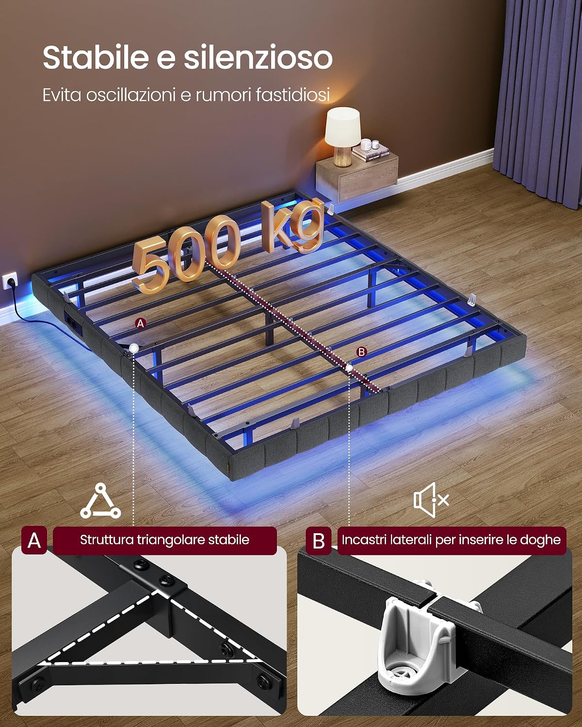 Thumbnail 5 de VASAGLE Struttura Letto Effetto Fluttuante 160x200 cm con LED, prese e USB – Grigio Ardesia RMB165G101