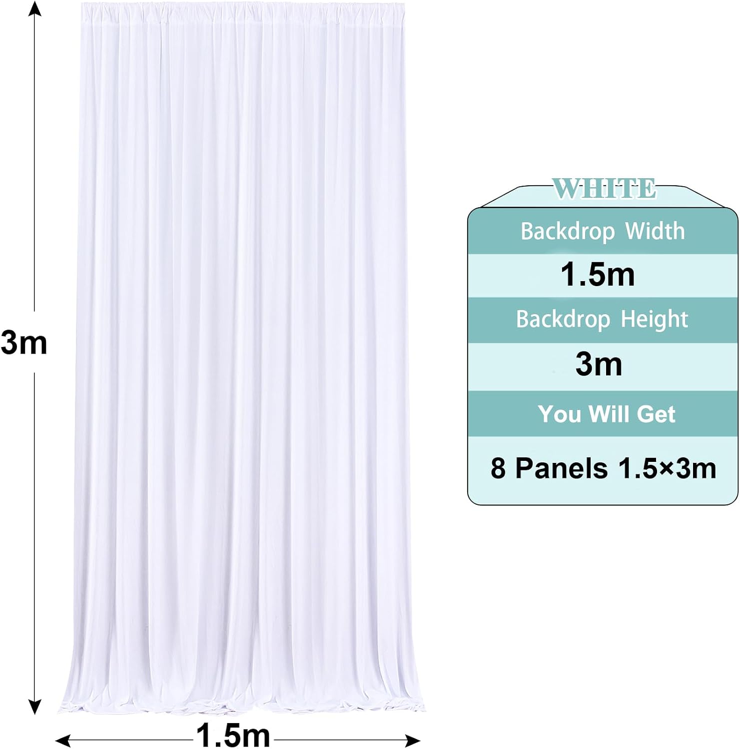 Detalle de 12×3 m Weißer Hochzeits-Hintergrundvorhang mit 8 Platten – 1,5×3 m pro Platte, faltend frei, Polyester-Seide Optik