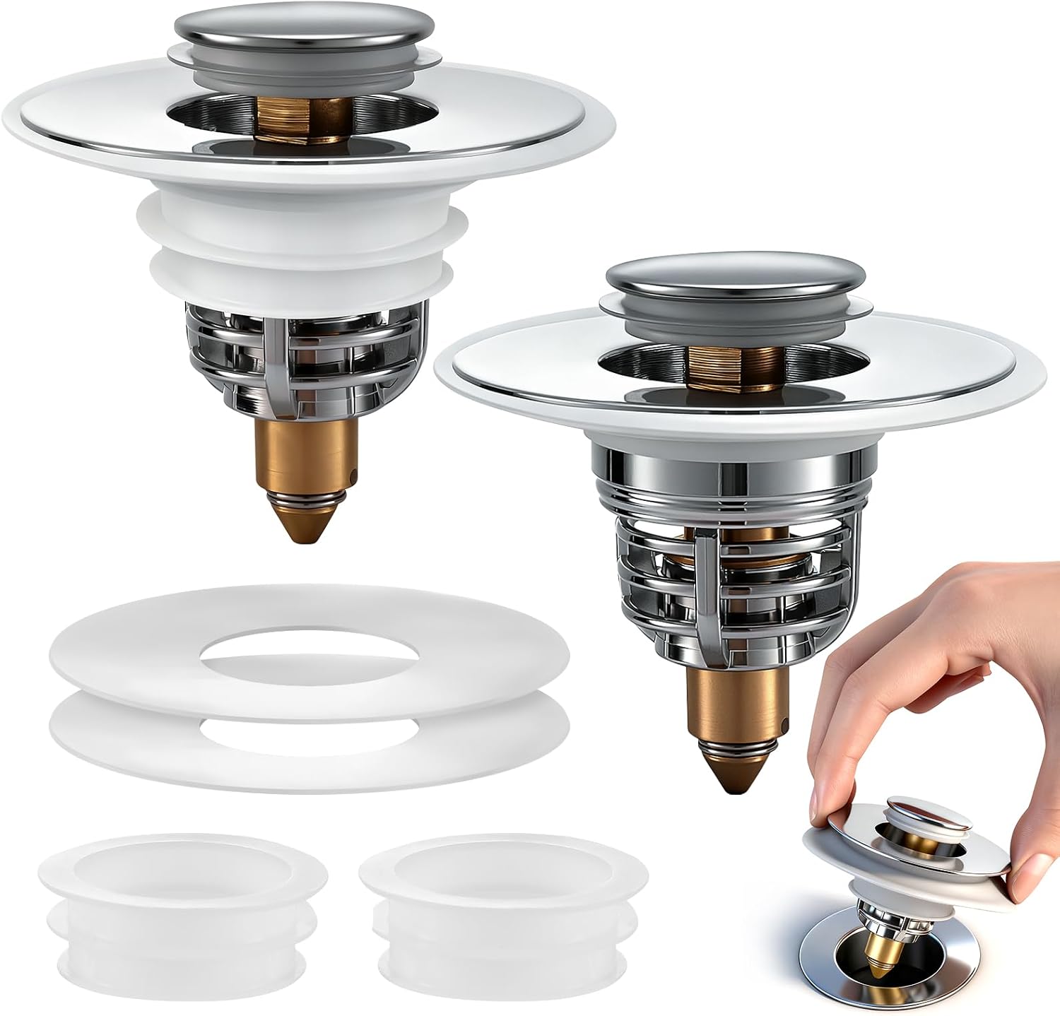 Detalle de MOPUBZO Tappo lavandino bagno universale Pop Up in acciaio inox (2 pezzi) per fori 32–62 mm