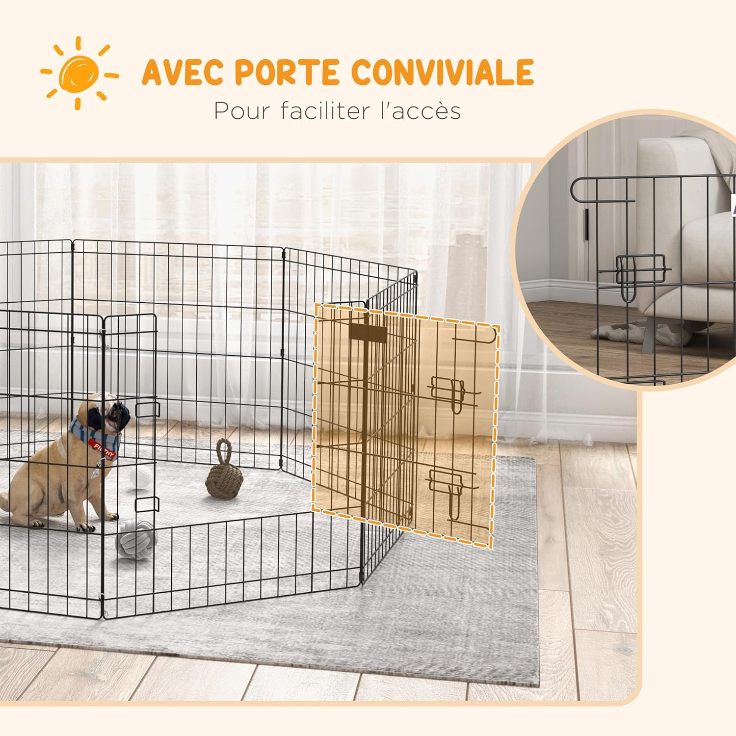 Detalle de Parc modulable PawHut pour chiens et petits animaux – 8 panneaux en métal noir, pliant et verrouillable (61 x 61 cm par panneau)