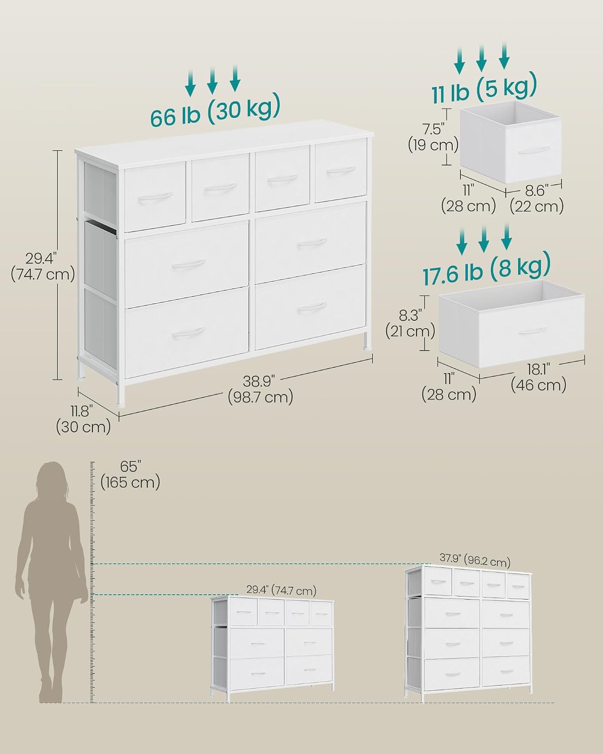 Thumbnail 2 de SONGMICS ULGS234W101S 8-Drawer Fabric Dresser, Steel Frame, Cloud White