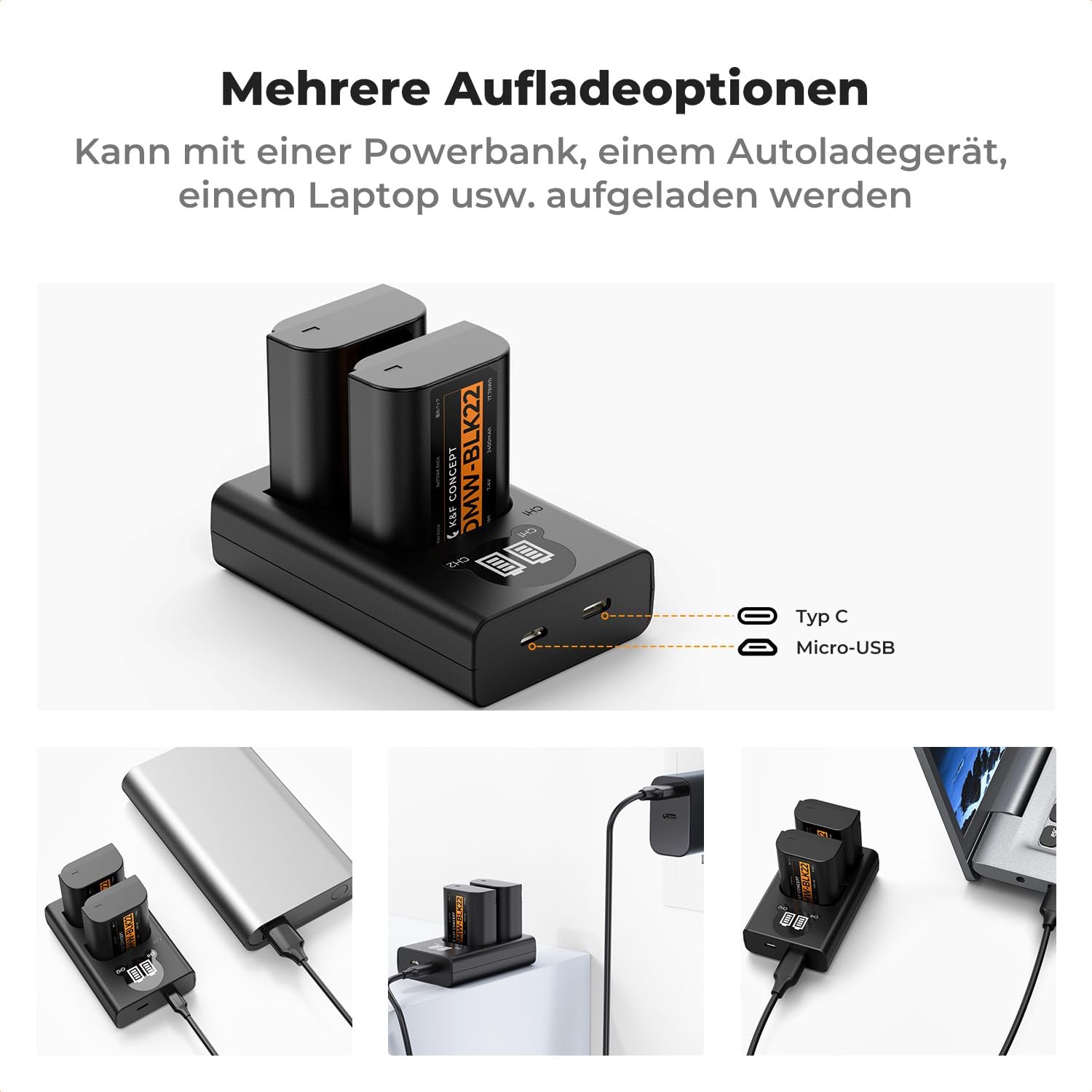 Detalle 2 de K&F CONCEPT DMW-BLK22 Akku 2er-Pack (2400 mAh) + LCD Dual-Slot-Ladegerät für Panasonic Lumix