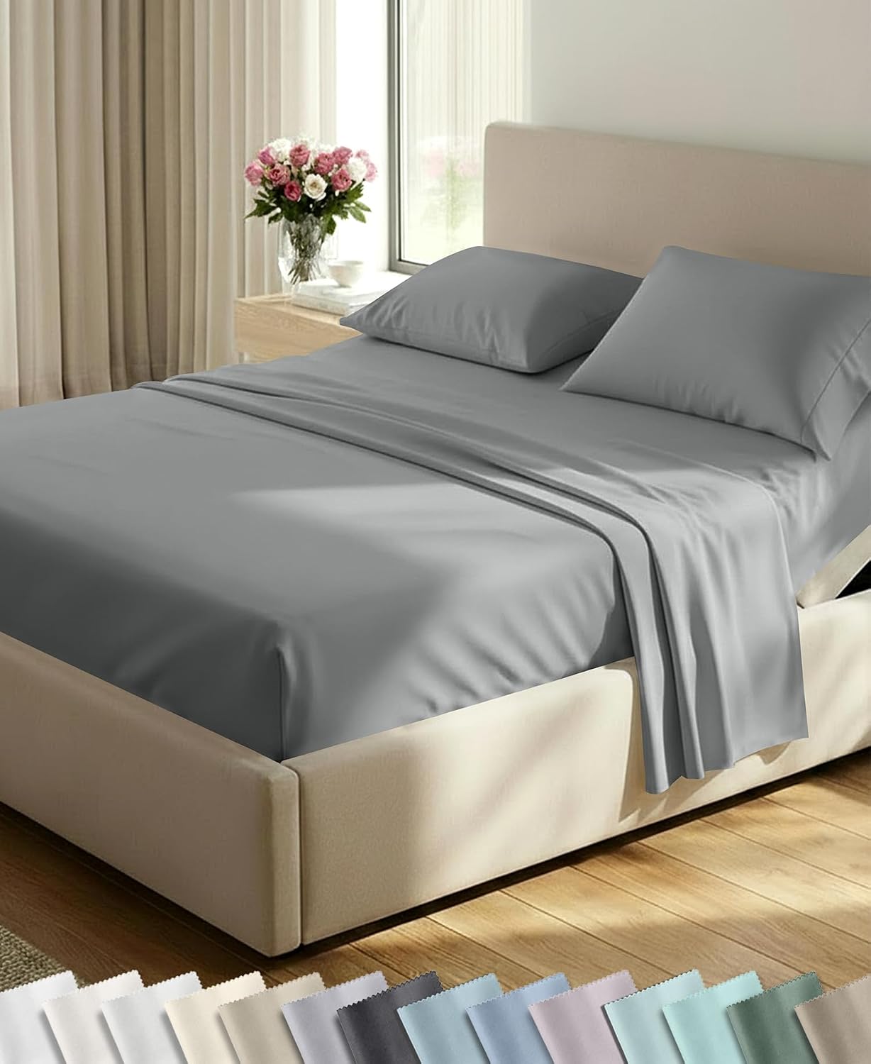 Detalle de California Design Den 840307158499 Split King Sheet Set, 600-Thread-Count Cotton Sateen, Mist Gray