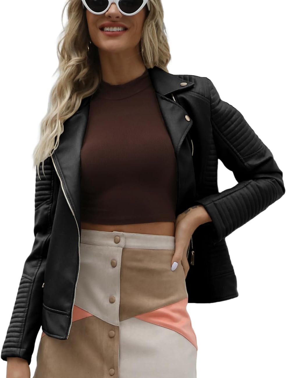 Detalle 2 de Giolshon Chaqueta de cuero sintético Mujer Motoquera Abrigo corto