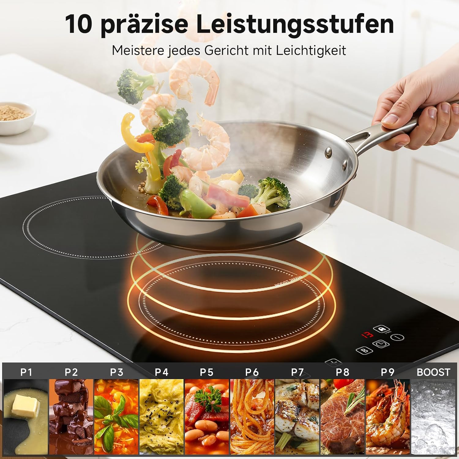 Detalle 2 de AMZCHEF Induktionskochfeld 2 Platten 3700W – Doppel-Induktionskochplatte mit Boost, Timer und Sicherheitsfunktionen