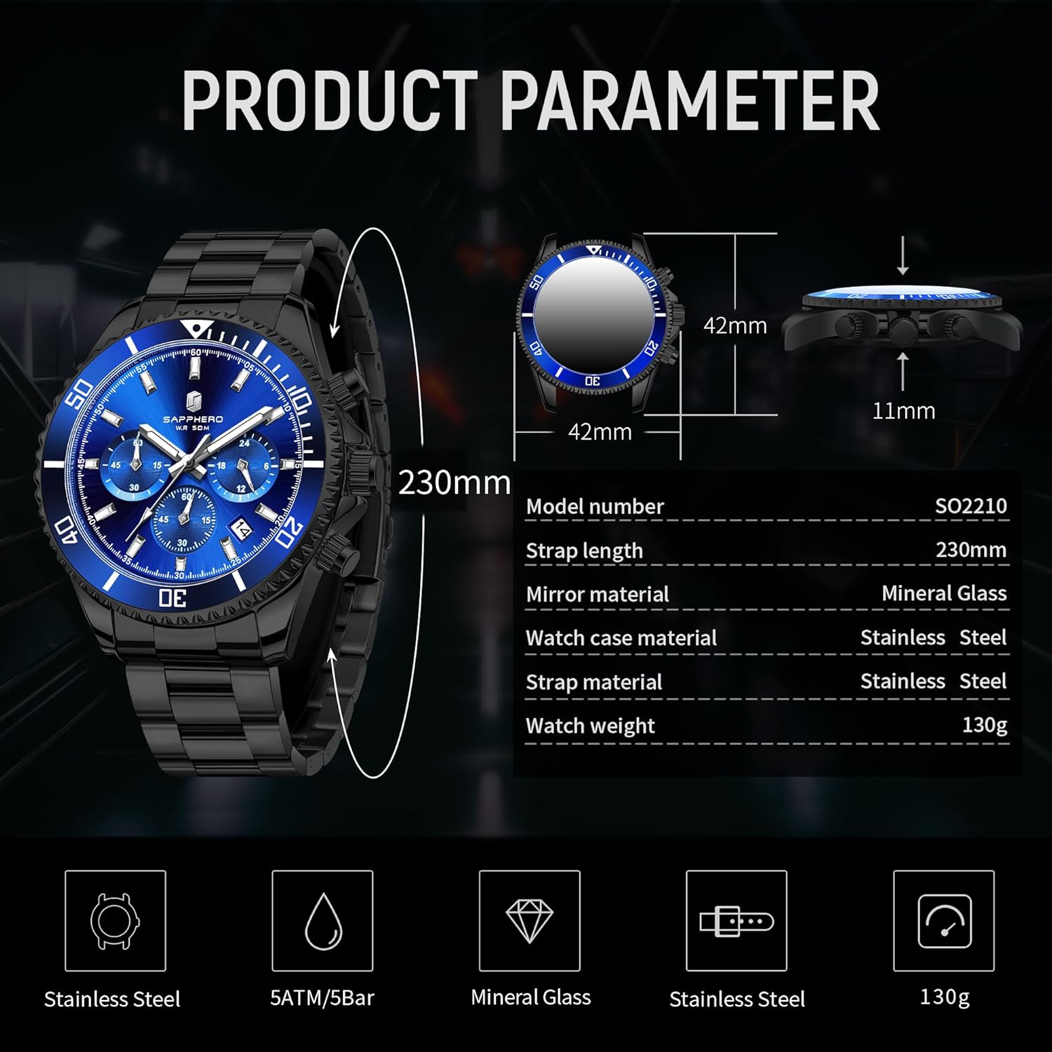 Thumbnail 4 de SAPPHERO Montre Homme en Acier Inoxydable – Chronographe 42 mm, 50M, Quartz, Élégante et Durable