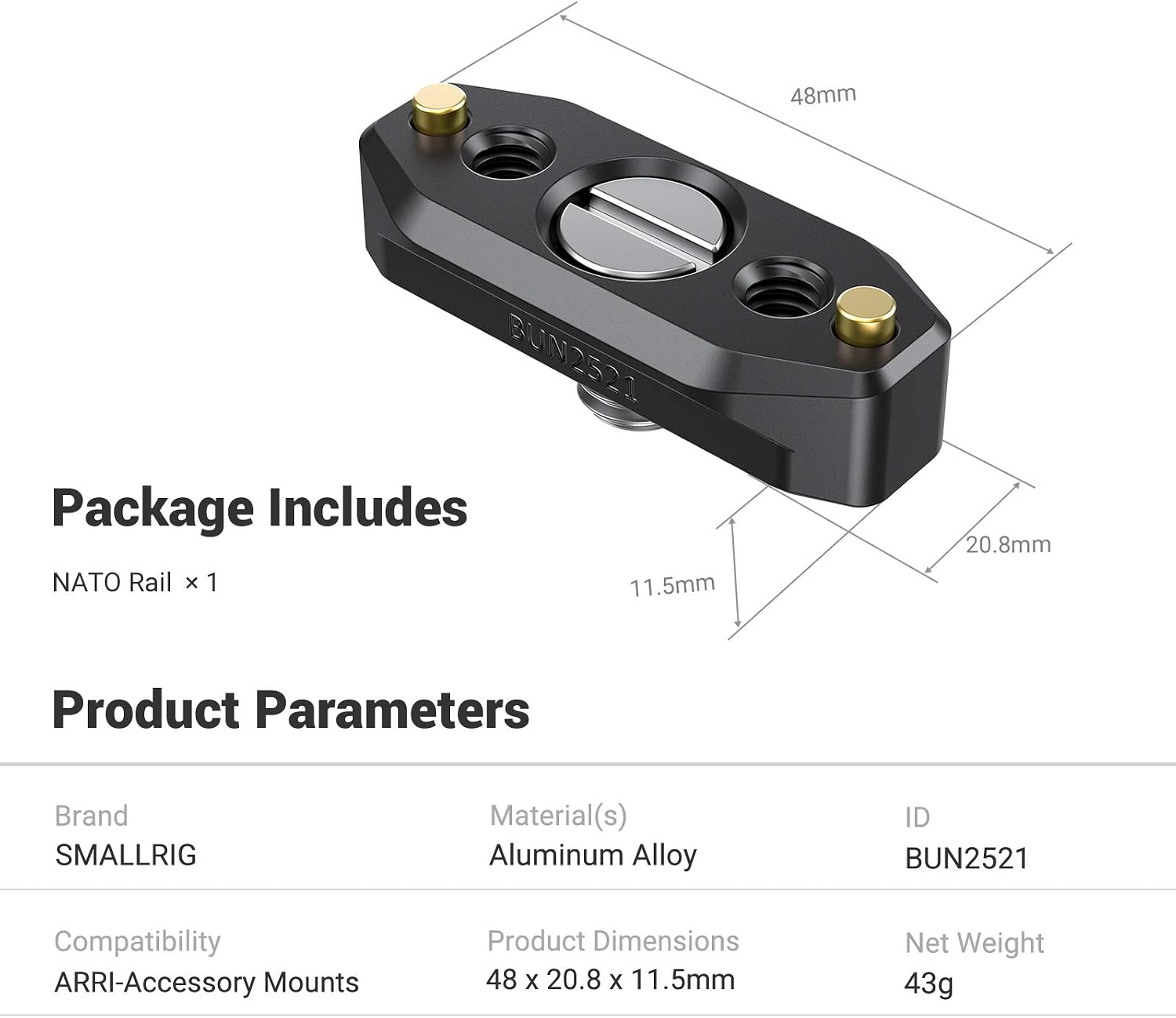 Detalle de SmallRig NATO Rail 2521B avec vis de positionnement ARRI 48 mm