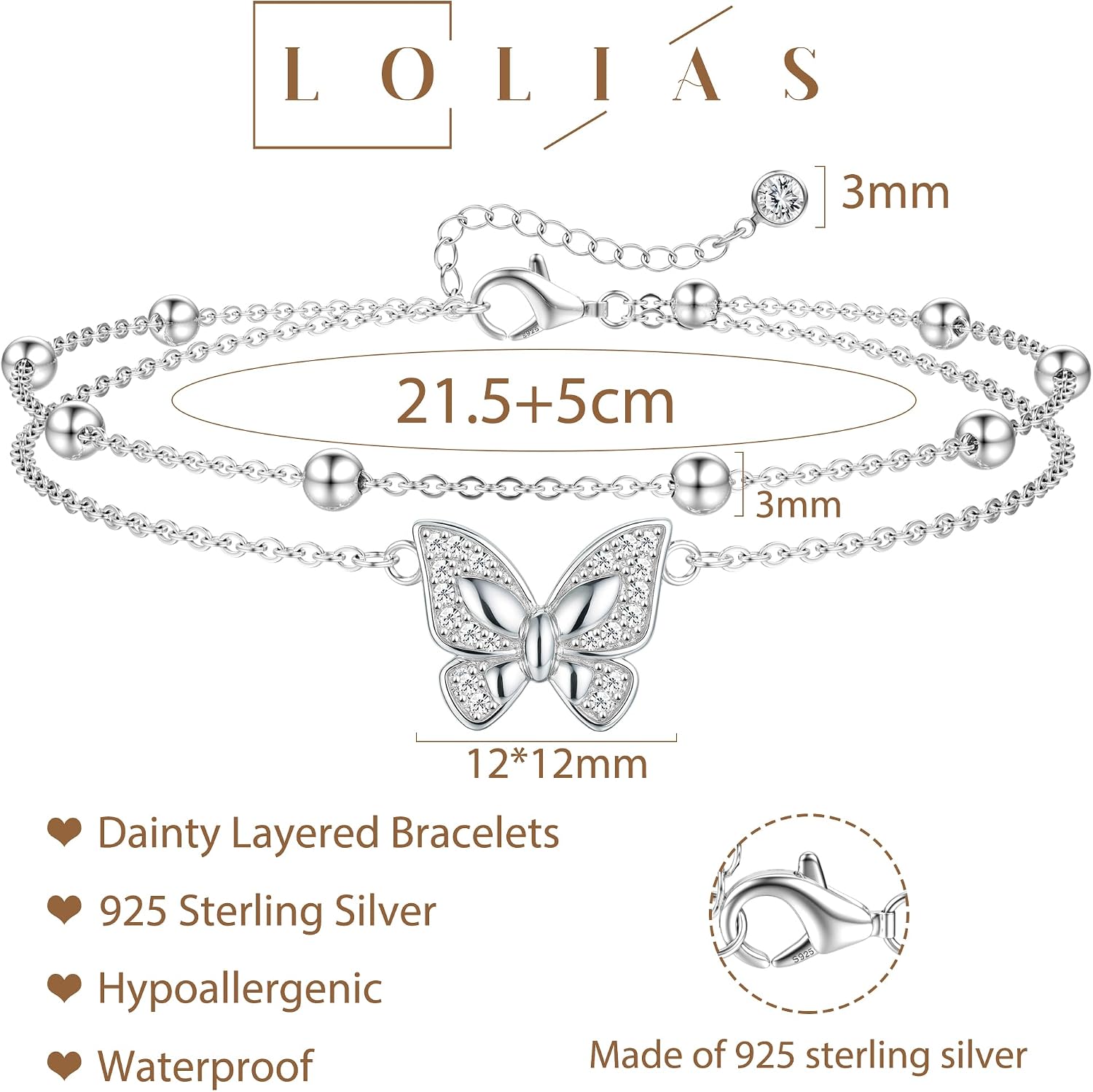 Detalle 2 de LOLIAS Fußkettchen Silber 925 Layered – 18–26,5 cm, wasserdicht, mit vier Varianten (Schmetterling, Herz, Perlenkugel, CZ)