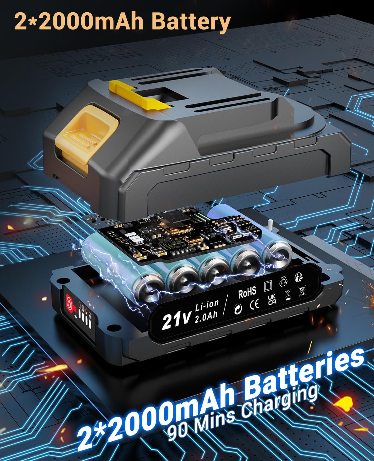 Thumbnail 4 de DYJPOW Brushless Cordless Drill Driver 21V (with 2 x 2000mAh batteries) – 45N.m, 20+1 torque, 2-speed kit