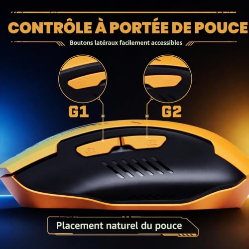 Thumbnail 6 de inphic A9 souris gamer rechargeable, trois modes, 12 800 DPI, RVB, jaune