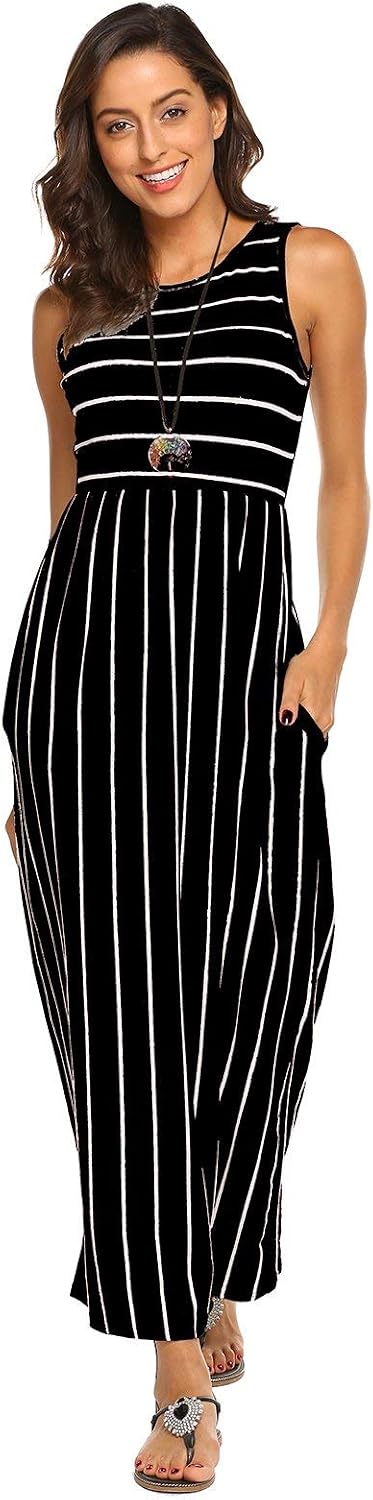 Detalle 2 de BDTECAOR Maxikleid Damen Sommer Boho ärmellos mit Taschen – tanktopartiges Strandkleid mit elastischem Bund