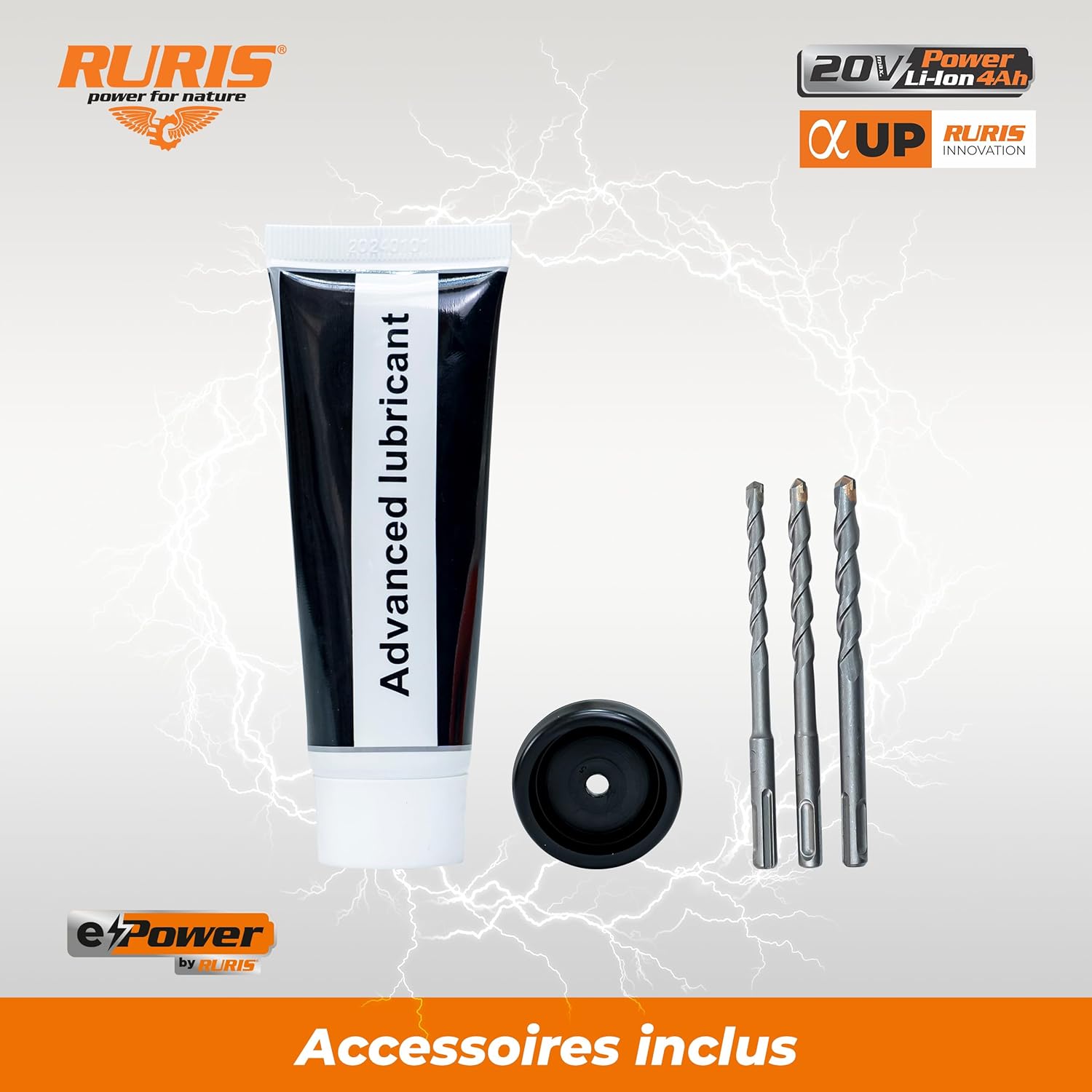 Detalle de RURIS RMX1210: Marteau perforateur sans fil SDS Plus 20V 4Ah avec LED, vitesse variable et forets 8/10/12 mm (pack inclus)