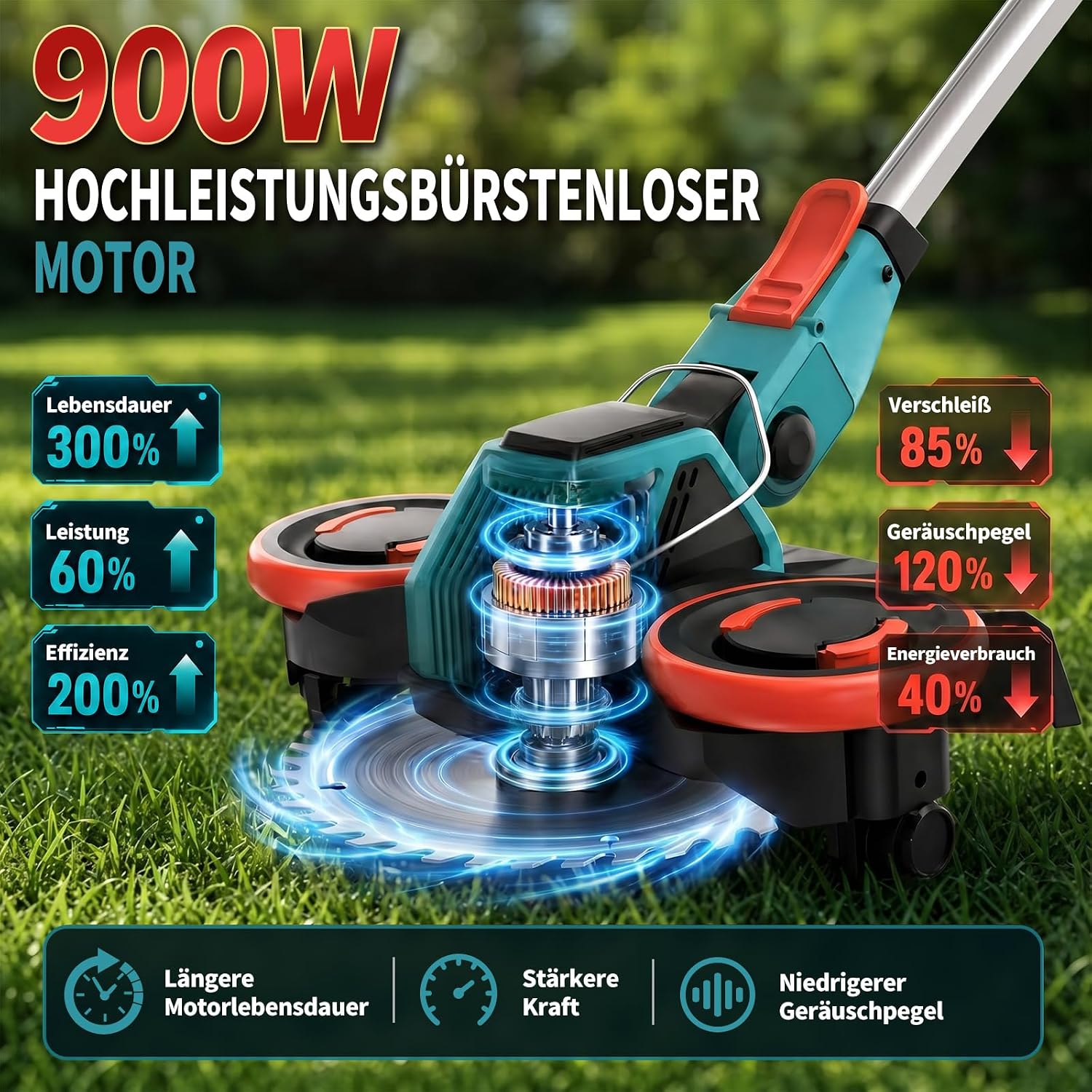 Detalle de Rasentrimmer mit Akku 21V – Makita-Kompatibel, 5-in-1 inklusive Unkrautbürste, 2 × 4,0Ah, 900W bürstenloser Motor