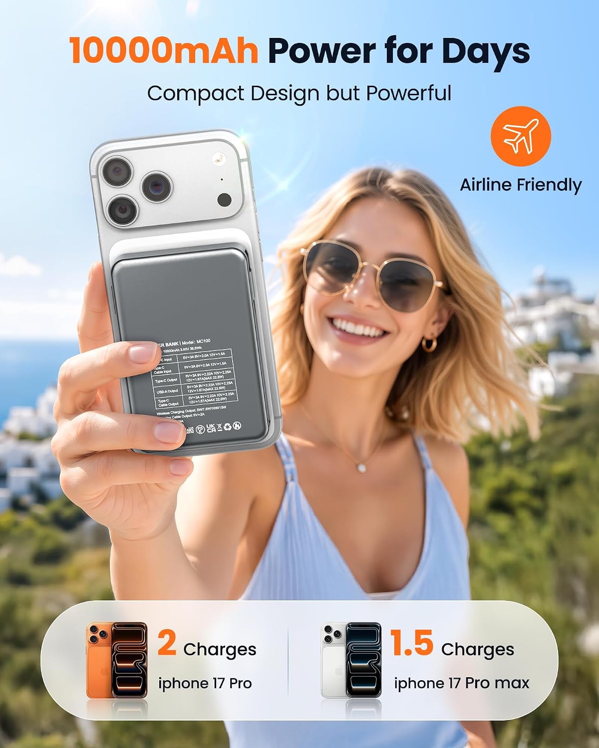 Detalle de RONEGN MC100 Magnetic Power Bank, 10,000mAh, 15W Wireless, Built-In Cables