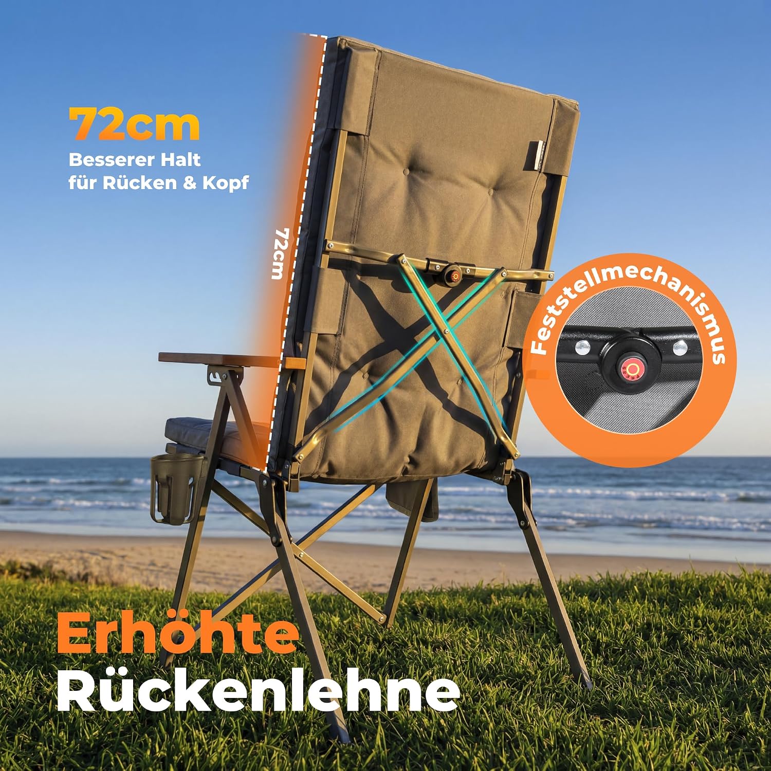 Detalle de Homecall Faltbarer Campingstuhl Hochlehner 150 kg Belastbarkeit – Luxus Klappstuhl