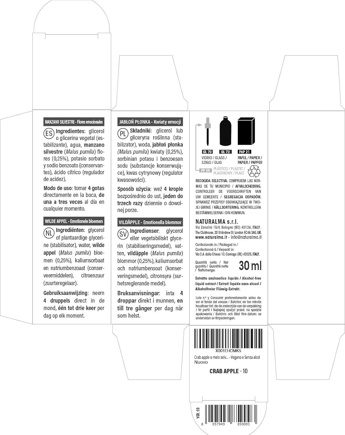 Detalle 1 de Crab Apple (Malus pumila) Fiori emozionali Naturalma – Gocce 30 ml, estratto liquido analcoolico