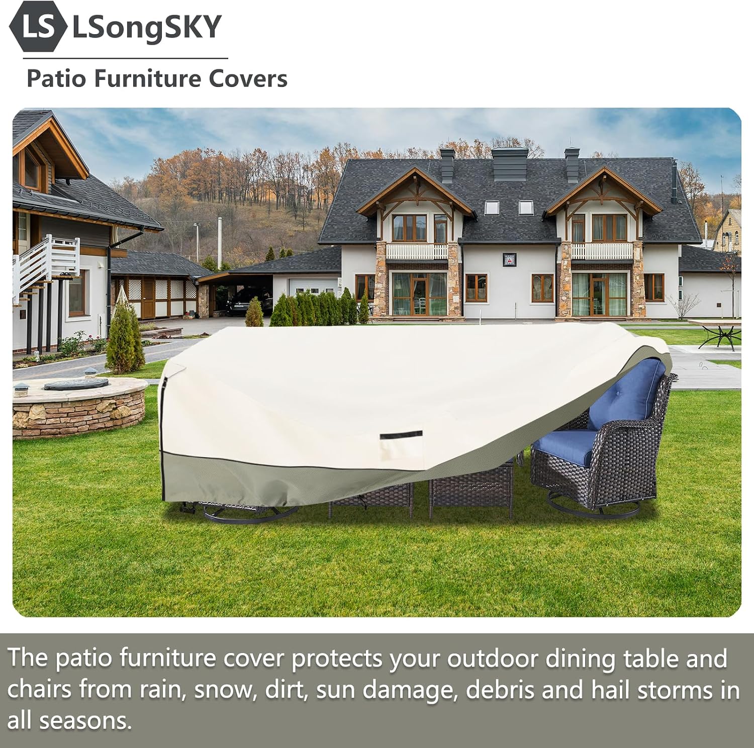 Detalle 2 de LSongSKY Rectangular 111"L x 74"W Patio Furniture Cover, 600D Oxford, Beige