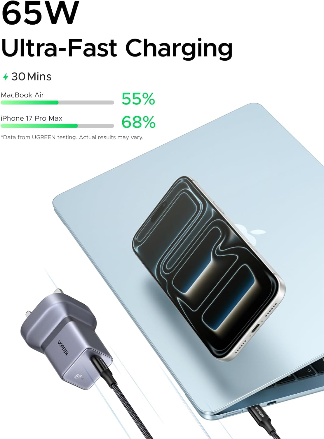 Detalle 2 de UGREEN Nexode Air 65W USB-C Charger with Cable — Ultra Slim GaN Fast Charger for MacBook, iPhone, Galaxy and More (Grey)