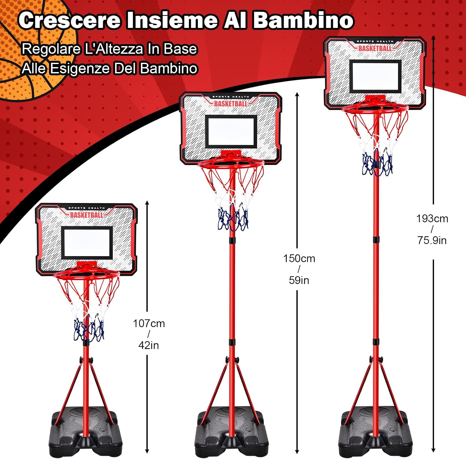 Detalle 2 de Herenear Canestro da Basket per Bambini 107-193 cm