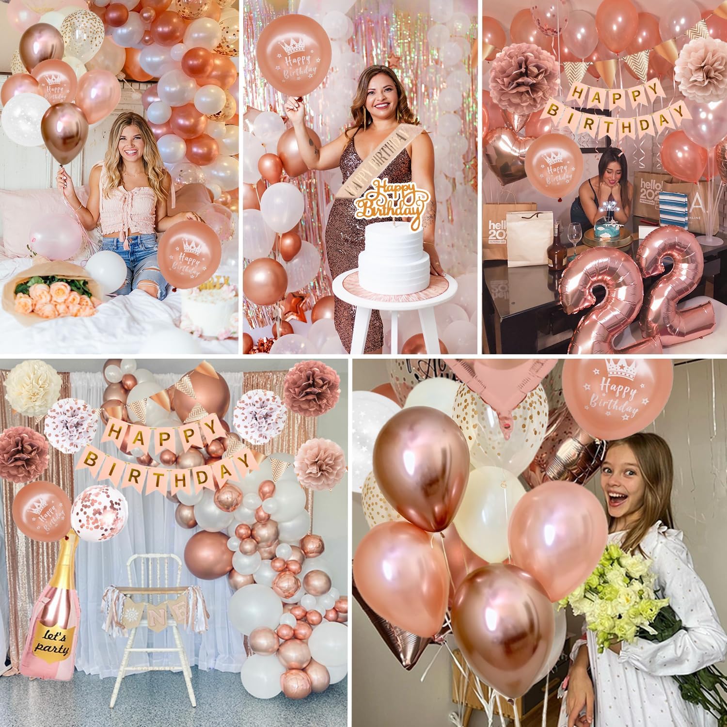 Thumbnail 3 de QGKFFOB Geburtstagsdeko Set in Roségold/Weiß mit „Happy Birthday“-Banner, Konfetti-Ballons, Pompons & Girlande