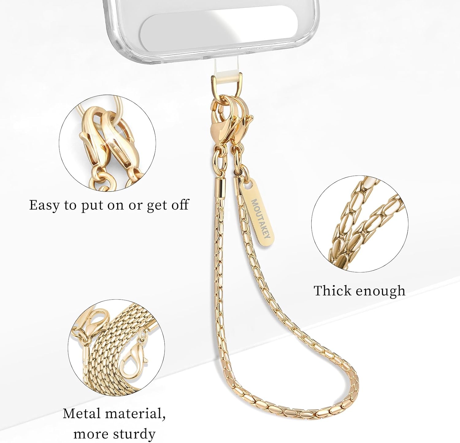 Detalle de MOUTAKEY Phone Wrist Strap Metal Wristlet — Detachable Chain with Two Tether Tabs for Hands‑Free Carry