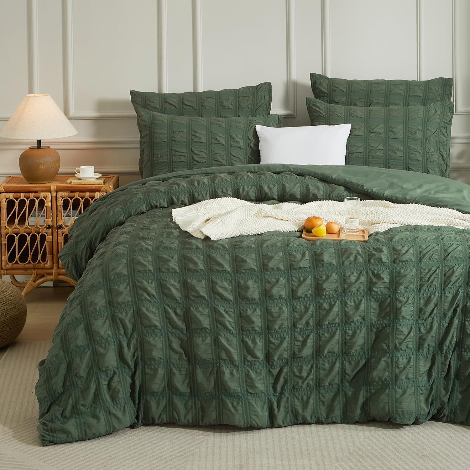 Thumbnail 3 de Luofanfei Housse de Couette Seersucker Vert Olive 220x240 + 2 Taies 65x65 en Microfibre