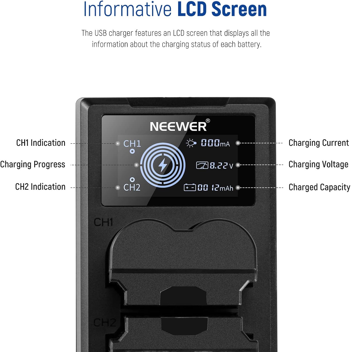 Detalle de NEEWER NP-W235 Kamera Akkuladegerät Set – Doppel-Ladegerät mit LCD & 2x 2400mAh Ersatzakkus (Kompatibel mit Fujifilm X-T5/X-T4, GFX 100S, X-H2S, VG-XT4)