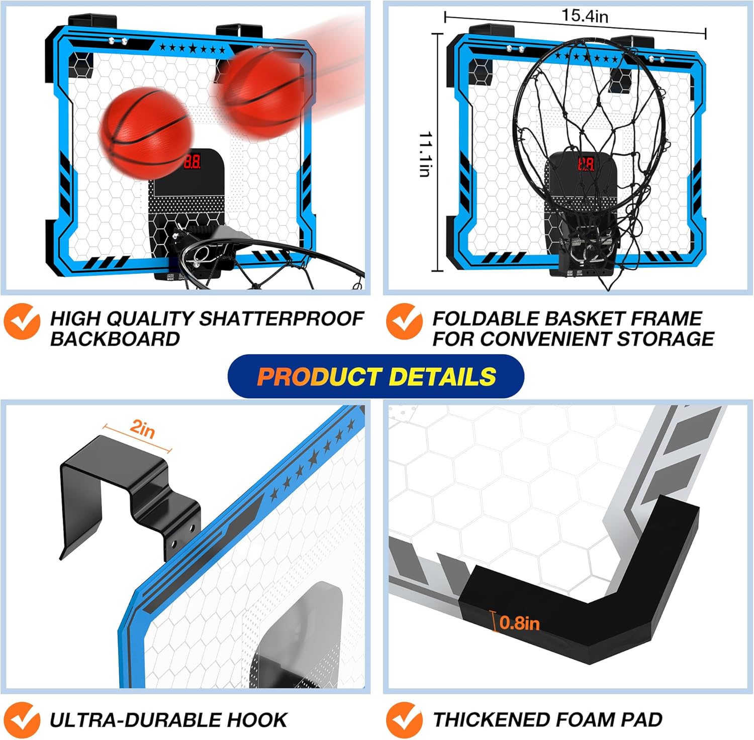 Detalle 2 de Ropoda Indoor Basketball Hoop with 7 LED Lights, Remote Scoring & 4-Ball Play (Mini Door Hoop)