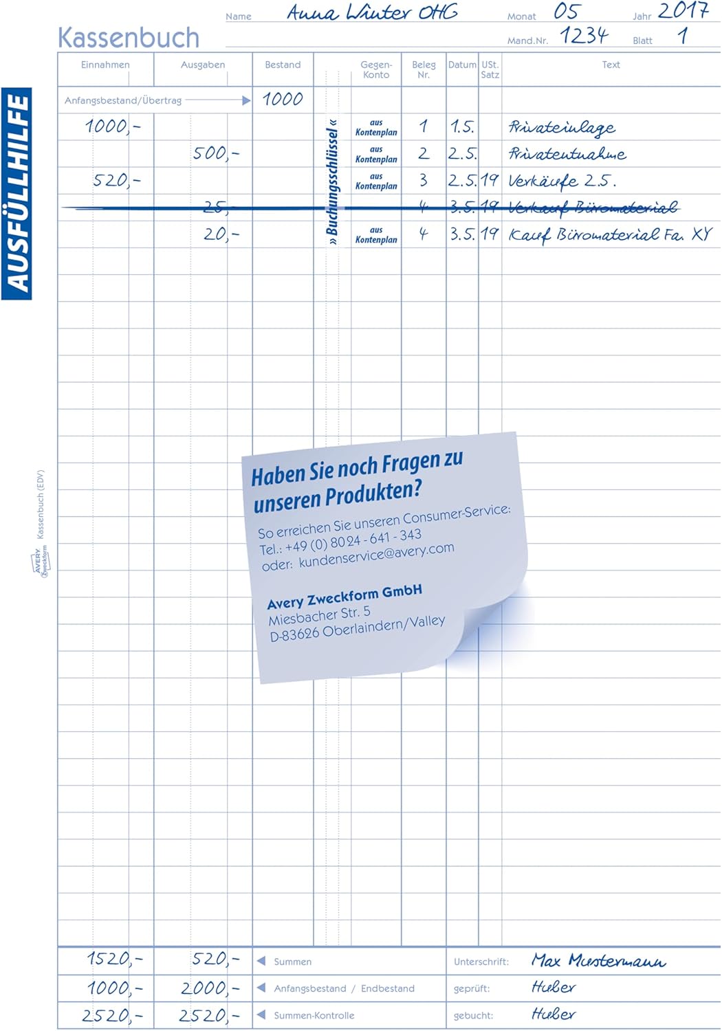 Detalle 2 de AVERY Zweckform 426 Kassenbuch (A4, 100 Blatt, 1 blaues Blatt) – gesetzeskonforme, DATEV-gerechte Datenerfassung für Deutschland