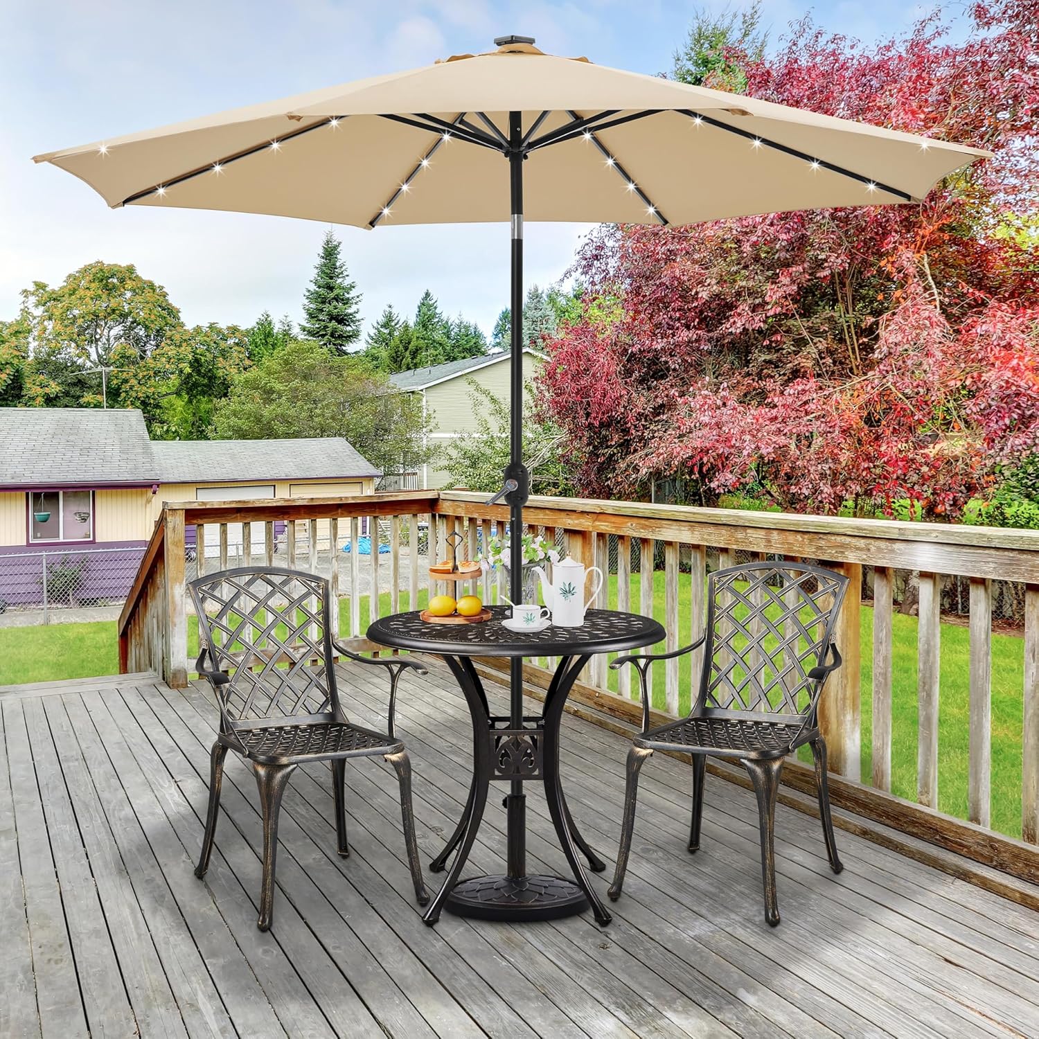 Thumbnail 2 de Yaheetech Table de jardin ronde design vintage en aluminium bronze, avec trou pour parasol et patins réglables (Ø 78 cm)