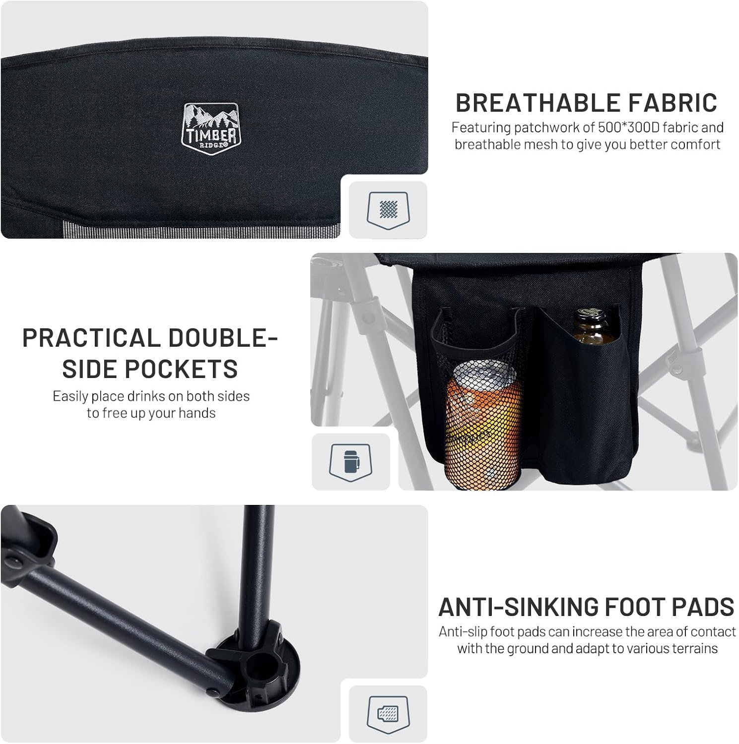 Thumbnail 5 de TIMBER RIDGE Folding Camping Chair for Adults (Heavy Duty, 150kg) with High Back & Mesh Back, Black