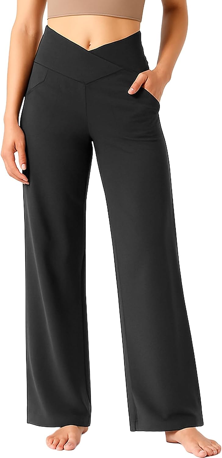 Detalle 2 de Yogaration pantaloni yoga da donna a gamba lunga, vita alta incrociata con tasche