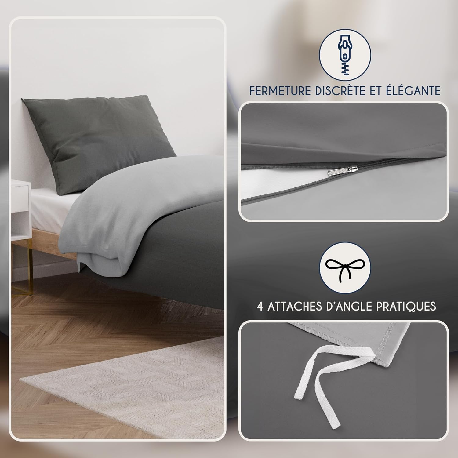 Thumbnail 2 de Dreamzie Parure de couette 140x200 cm en microfibre gris (1 taie 65x65 cm) certifiée Oeko-Tex