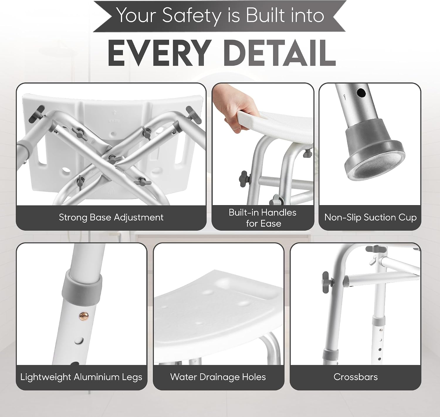 Detalle 2 de Dr. Kay's JSWCHEN-SF09 Shower Chair with Aluminum Frame and Crossbars