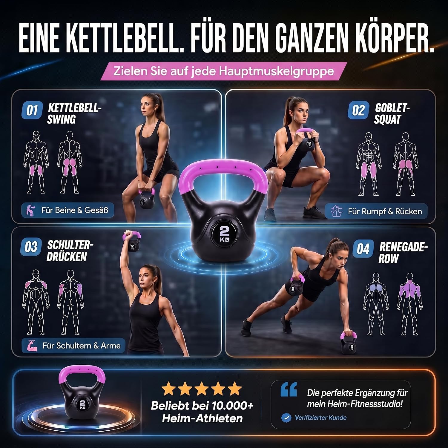 Detalle de Body & Mind Kettlebell Kugelhantel 2–20 kg – Profi Fitness Schwunghantel aus Kunststoff