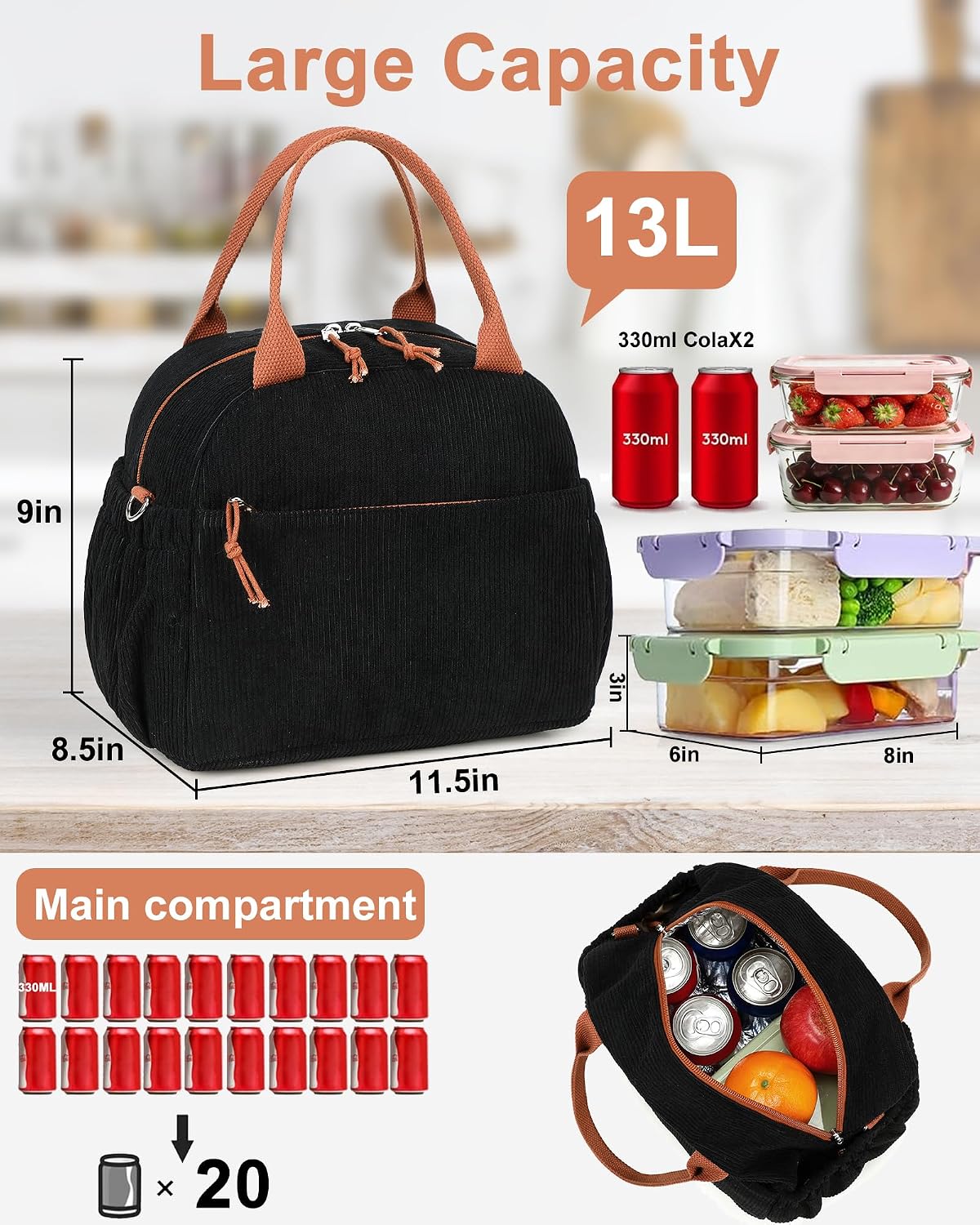 Thumbnail 1 de Bluboon Corduroy Lunch Bag for Women – 13L Insulated Tote with Front Pocket