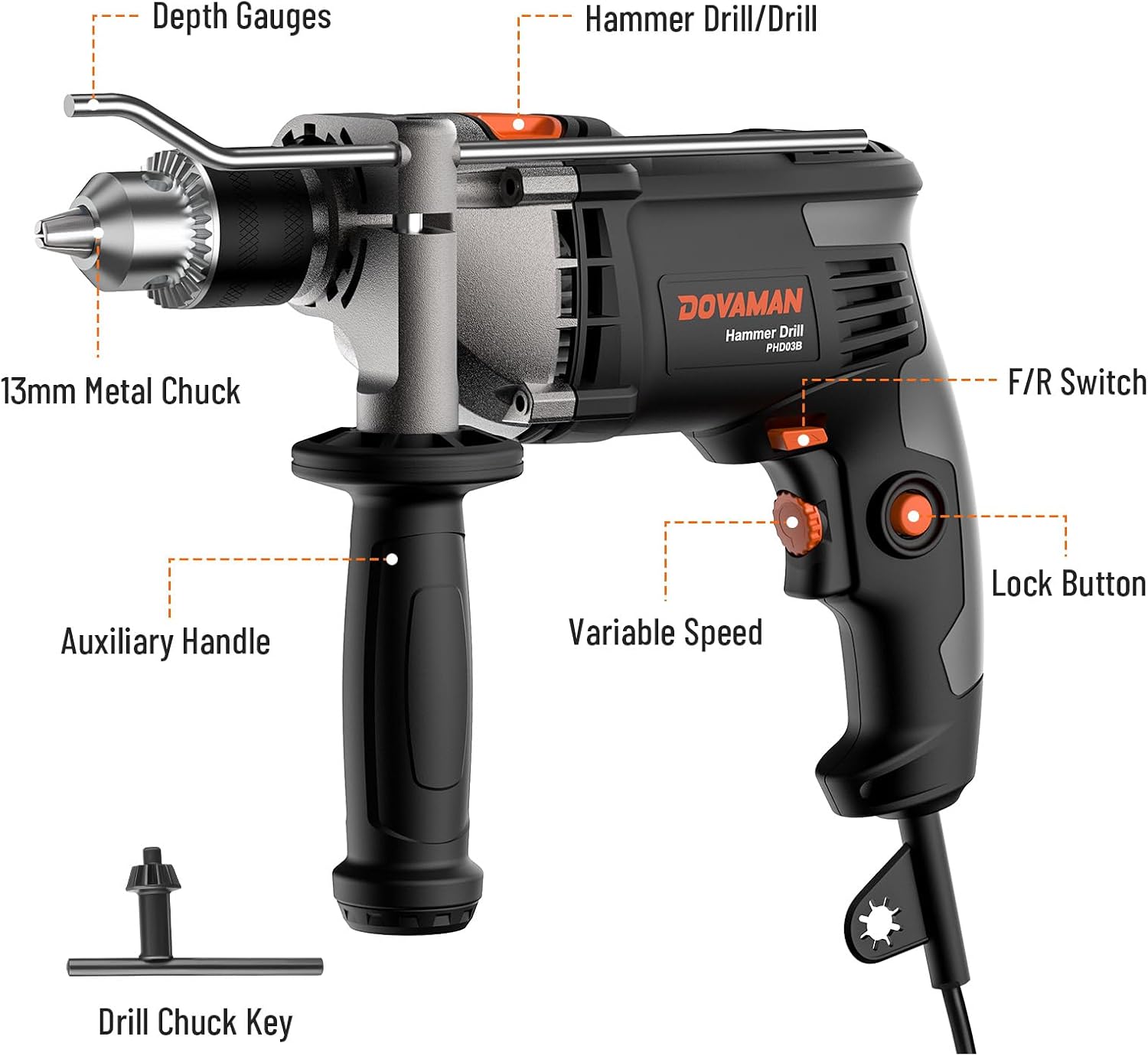 Detalle de DOVAMAN 850W Hammer Drill (corded) with 13mm metal chuck, variable speed up to 3000RPM & 15-piece bit set