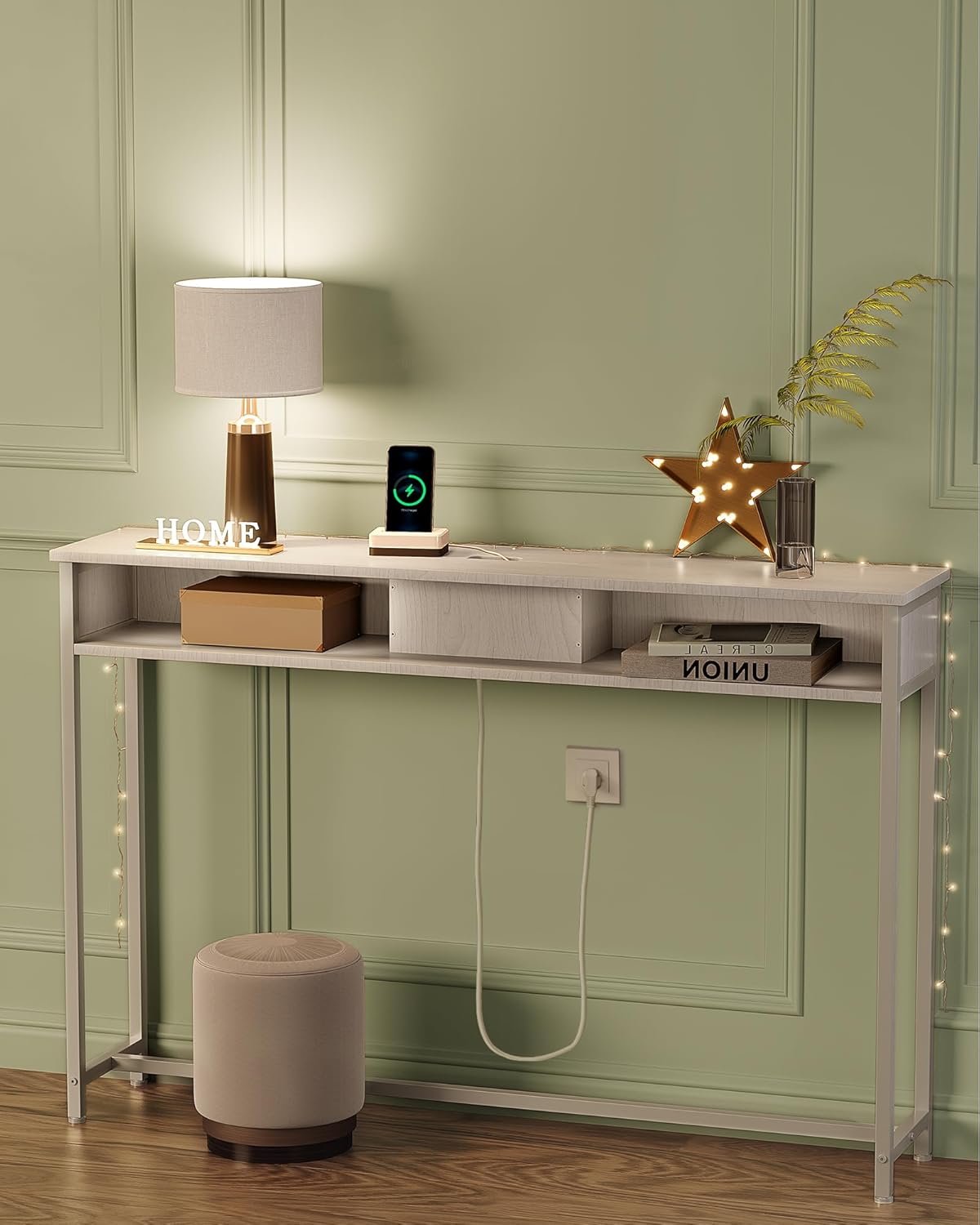 Thumbnail 1 de VASAGLE Consolle Ingresso LNT111W01: Tavolo Consolle con Multipresa, 2 Scomparti, Bianco Neve