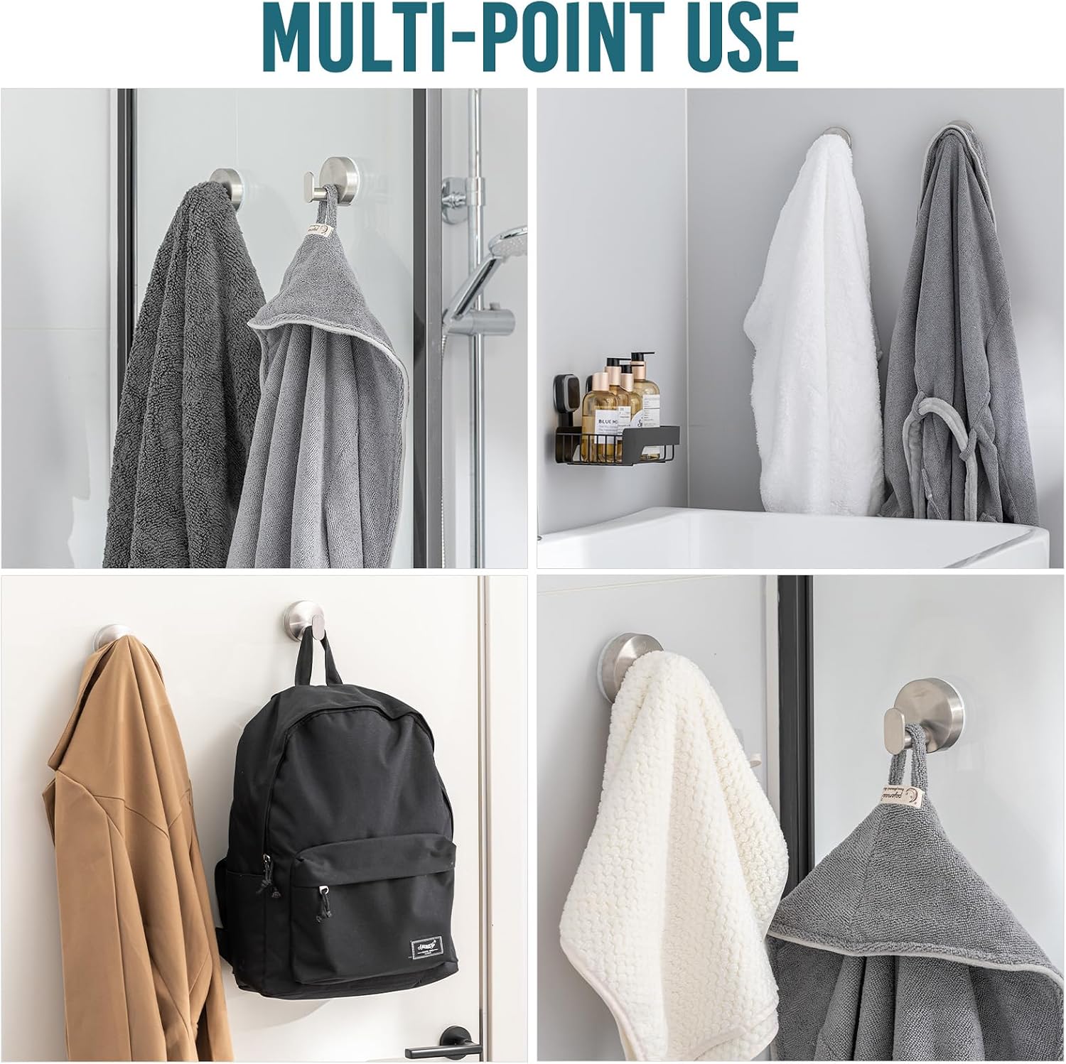 Detalle de TAILI Bathroom Towel Hooks with Vacuum Suction Cups (2 Pack) – Stainless Steel, No Drilling