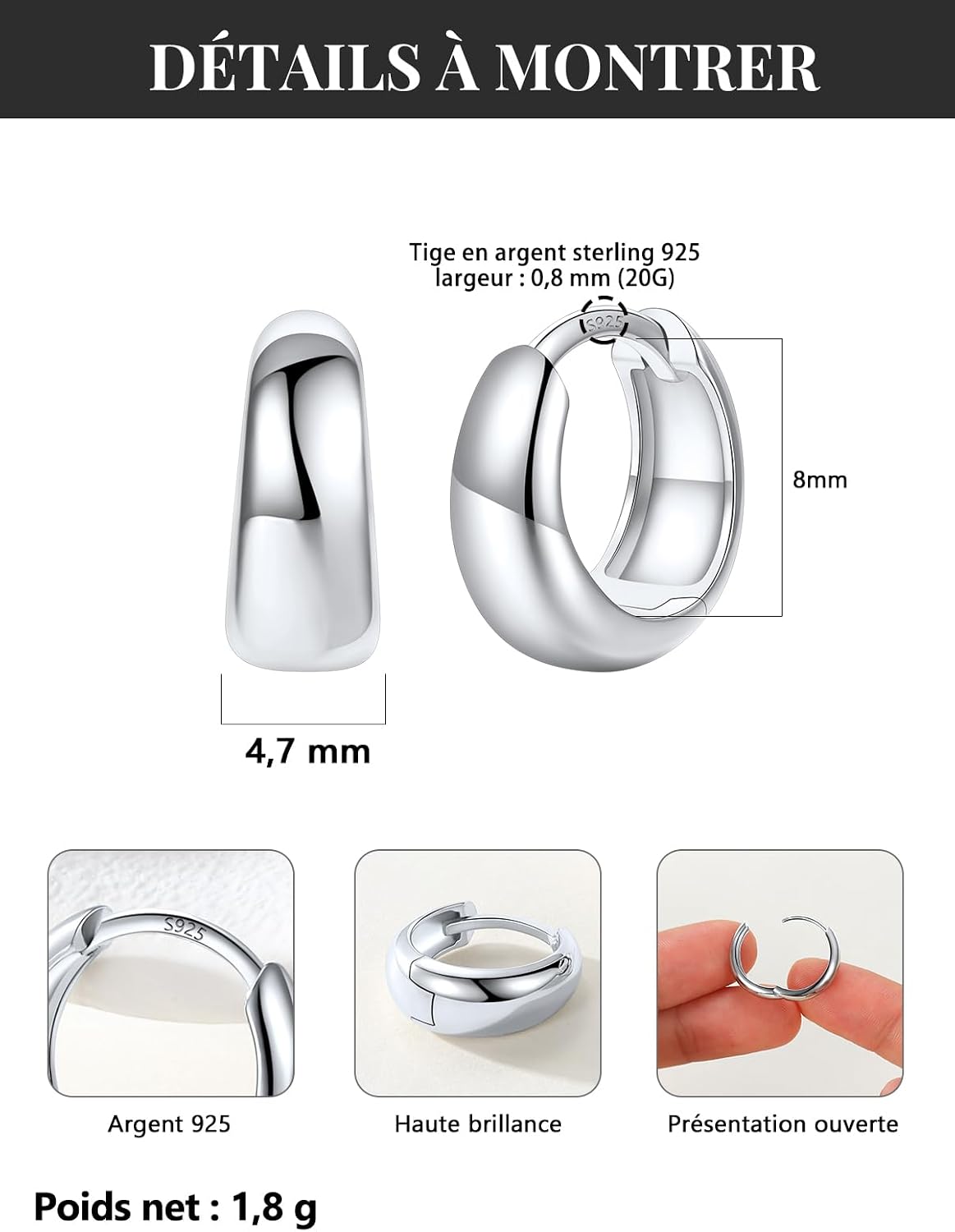 Detalle de Silvora Petit Créoles Argent/Plaqué Or/Noir – Anneau d’Oreille 8–14 mm en Argent 925 et Cuivre