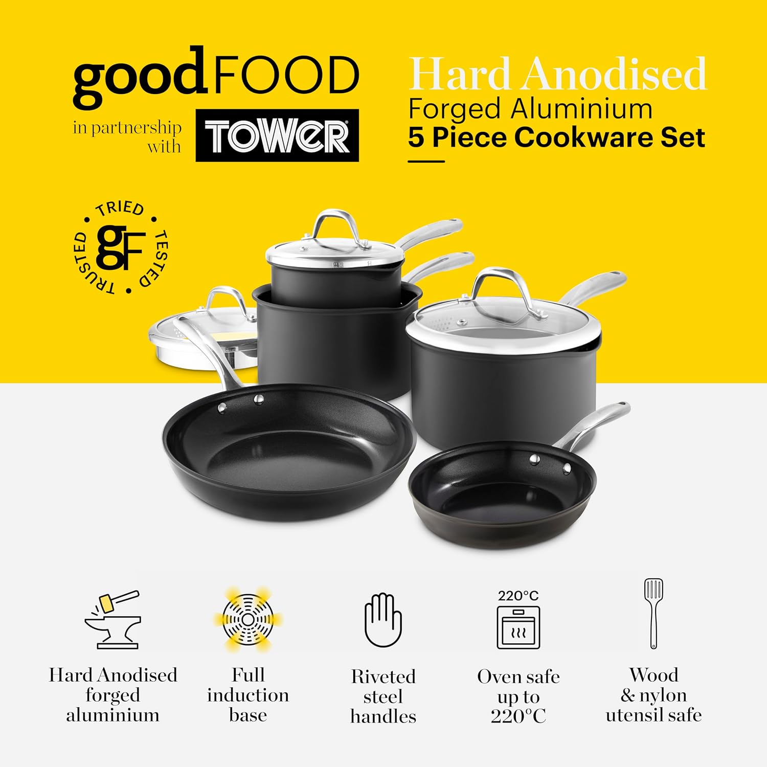 Detalle 2 de Good Food in Partnership with Tower Hard Anodised 5-Piece Cookware Set (Ceramic Non-Stick, Induction Compatible) – Grey