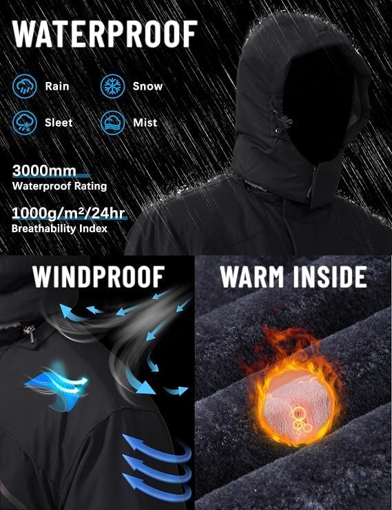 Detalle de TACVASEN Men's Ski and Snowboard Jacket, Fleece-Lined, Hooded and Windproof