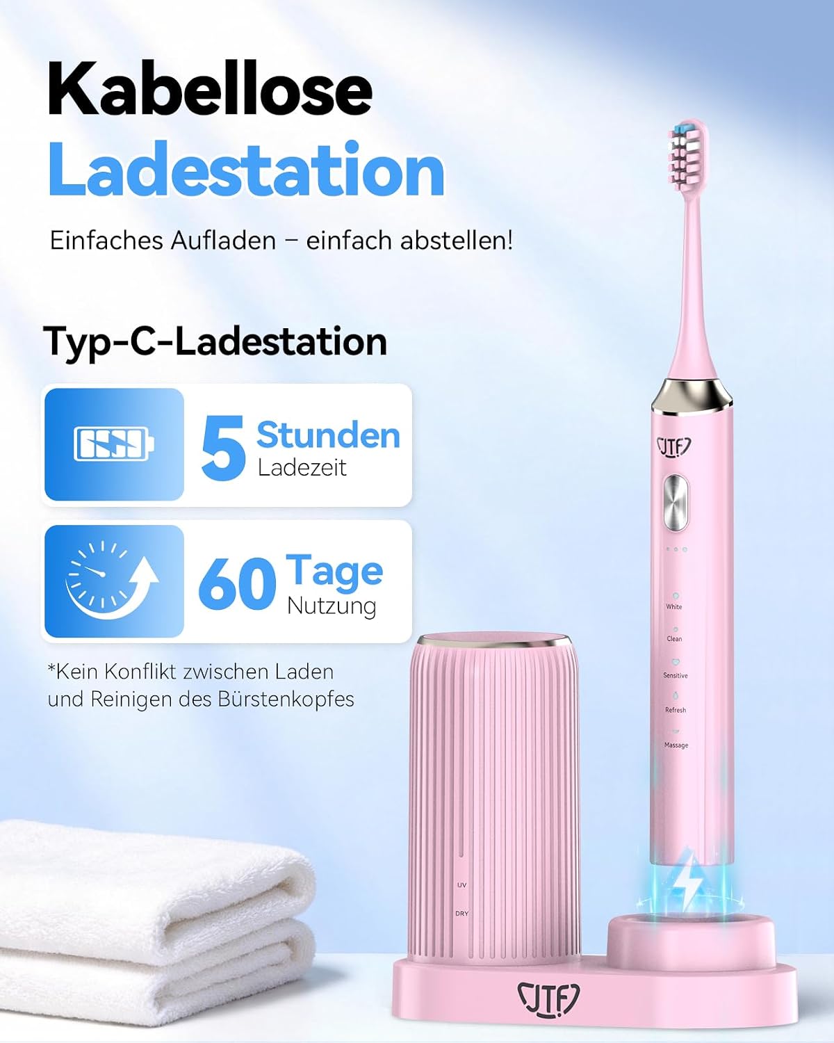 Detalle de JTF Brosse à dents électrique sonique avec station UV, 5 modes et 6 têtes de rechange (rose)