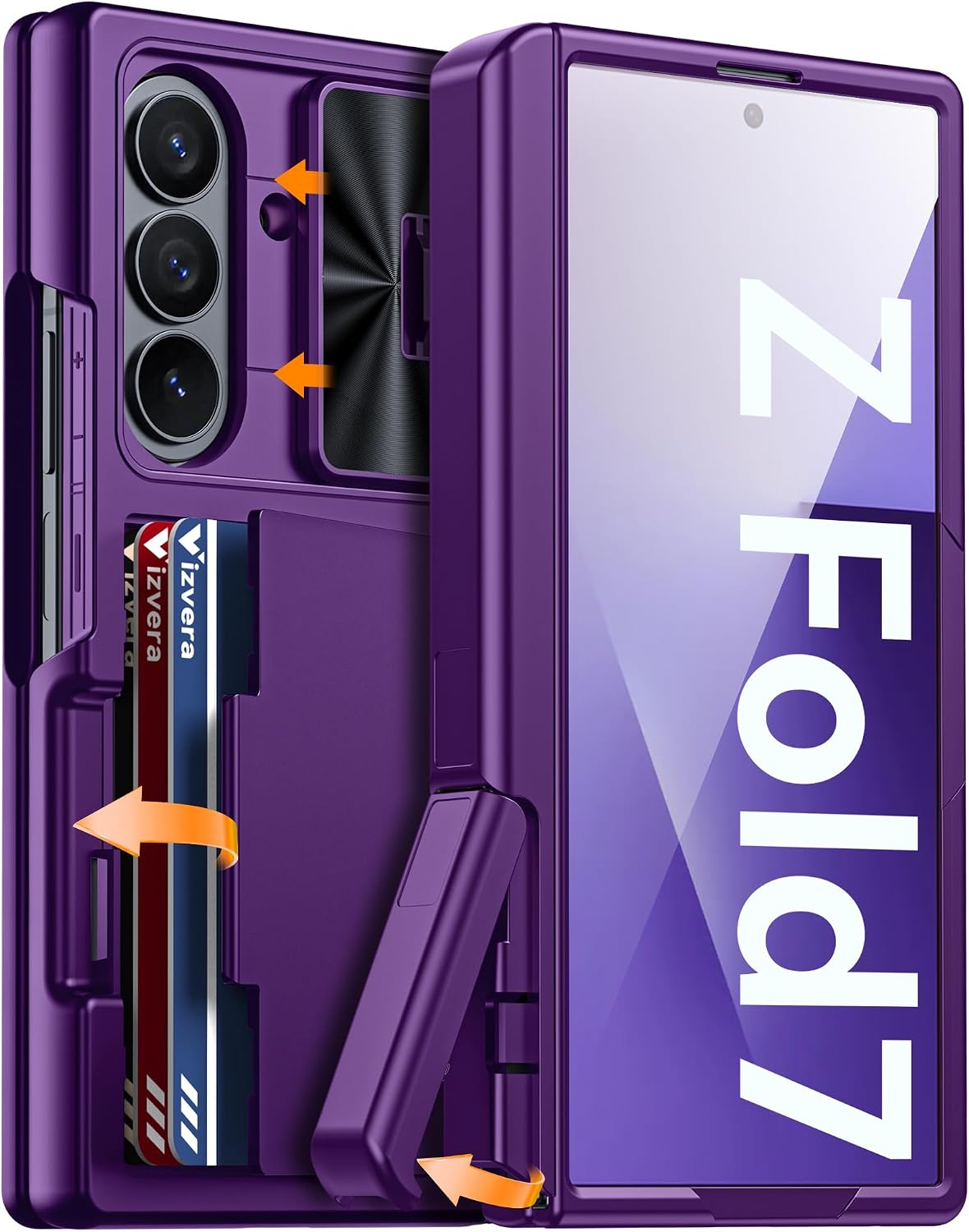Detalle de Vizvera for Samsung Galaxy Z Fold 7 Case with RFID Wallet, Stand & HD Tempered Glass (Purple)