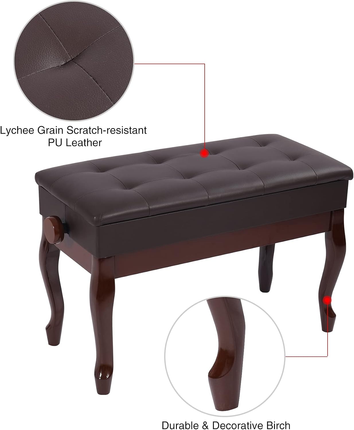 Thumbnail 6 de ALAPUR 18470 Adjustable Duet Piano Bench with Storage, Brown PU Leather