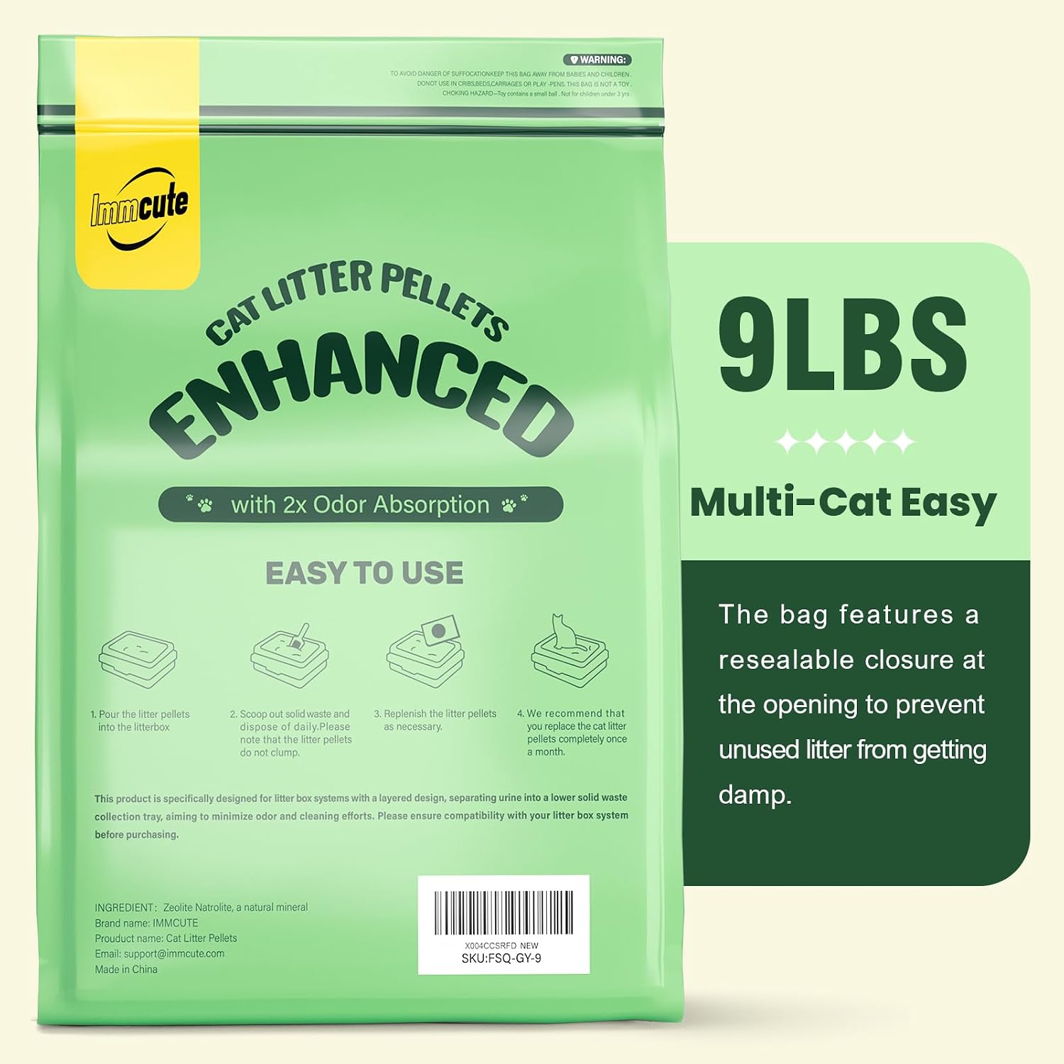 Detalle de IMMCUTE FSQ-GY-9 Cat Litter Pellets, Zeolite, Unscented, 9 lb