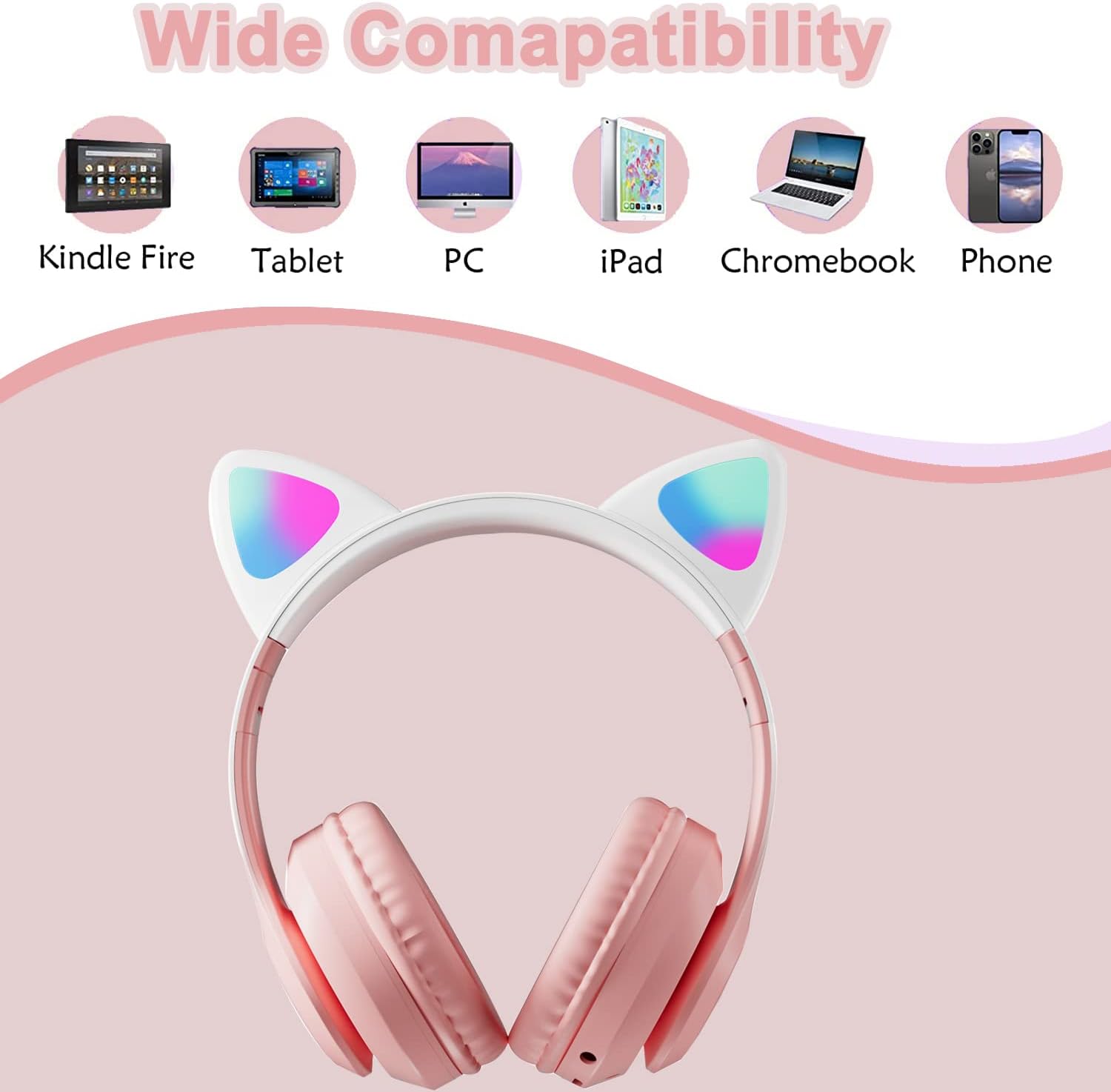 Detalle 2 de TOKANI Kids Headphones Bluetooth with Cat Ear LEDs (Pink Pro)