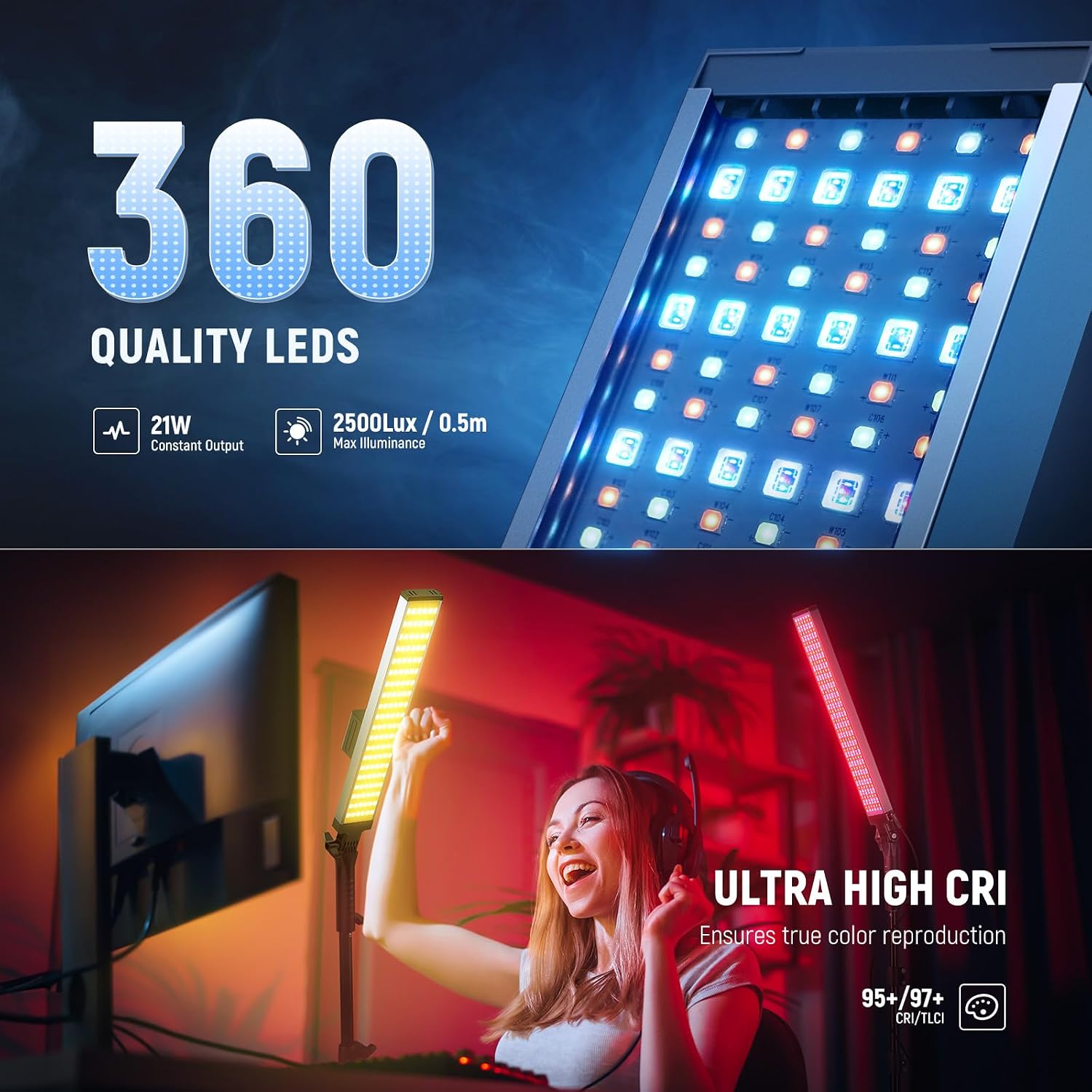 Thumbnail 1 de Neewer Photography RGB Light Stick Kit (BH20C) – 2 Pack LED Tube Lights with Stands, Diffusers, 2500–10000K